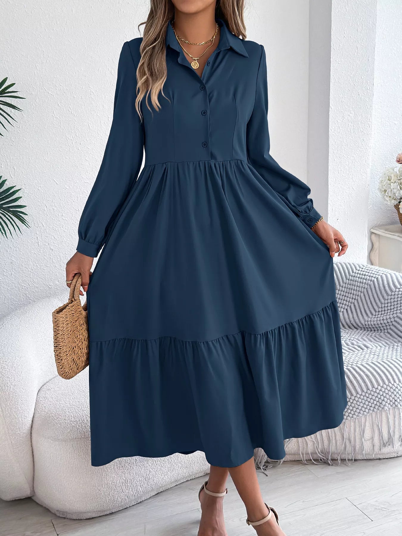Long Sleeve Tiered Button Front Midi Dress - MAD RUFFI