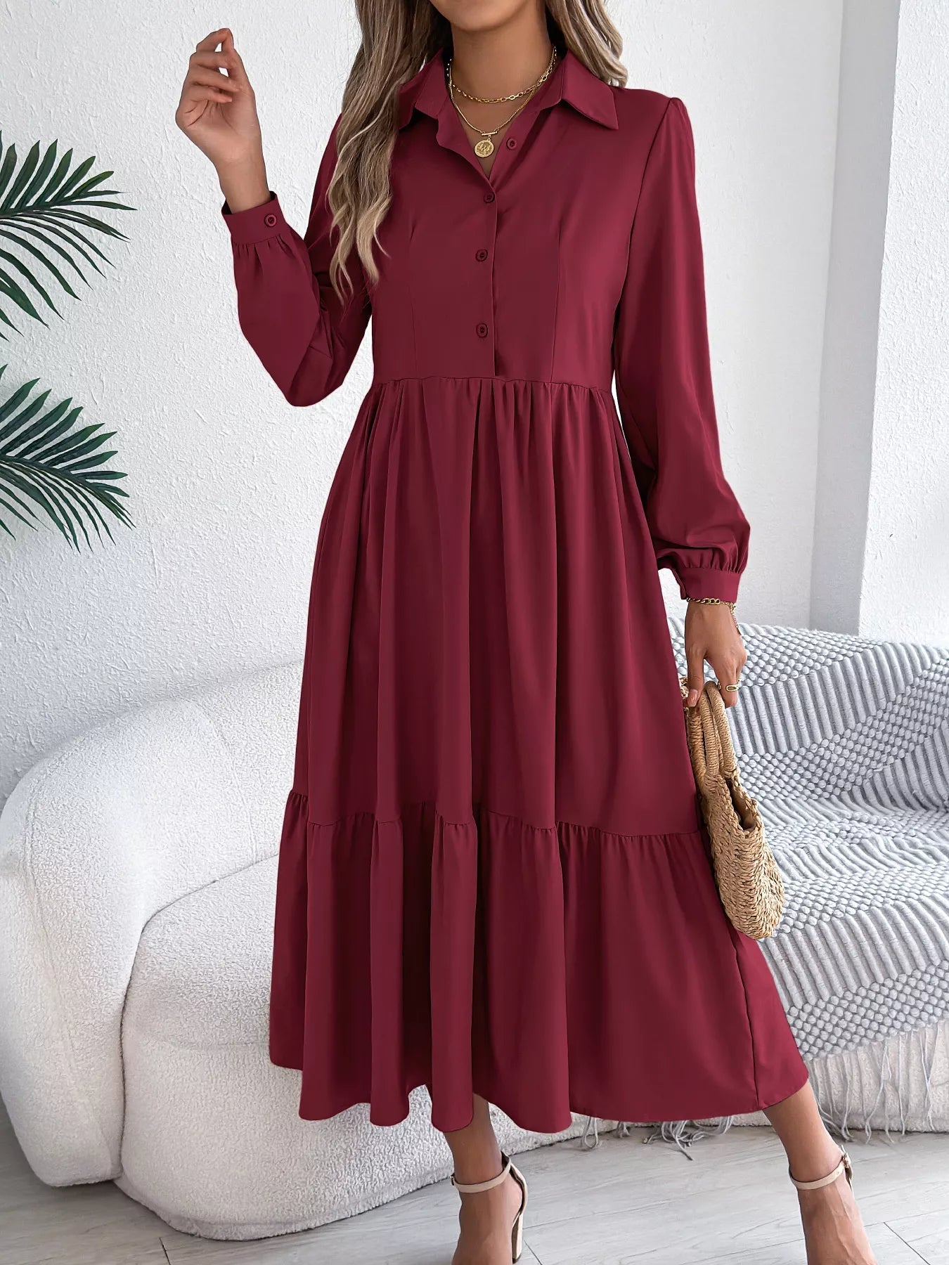 Long Sleeve Tiered Button Front Midi Dress - MAD RUFFI