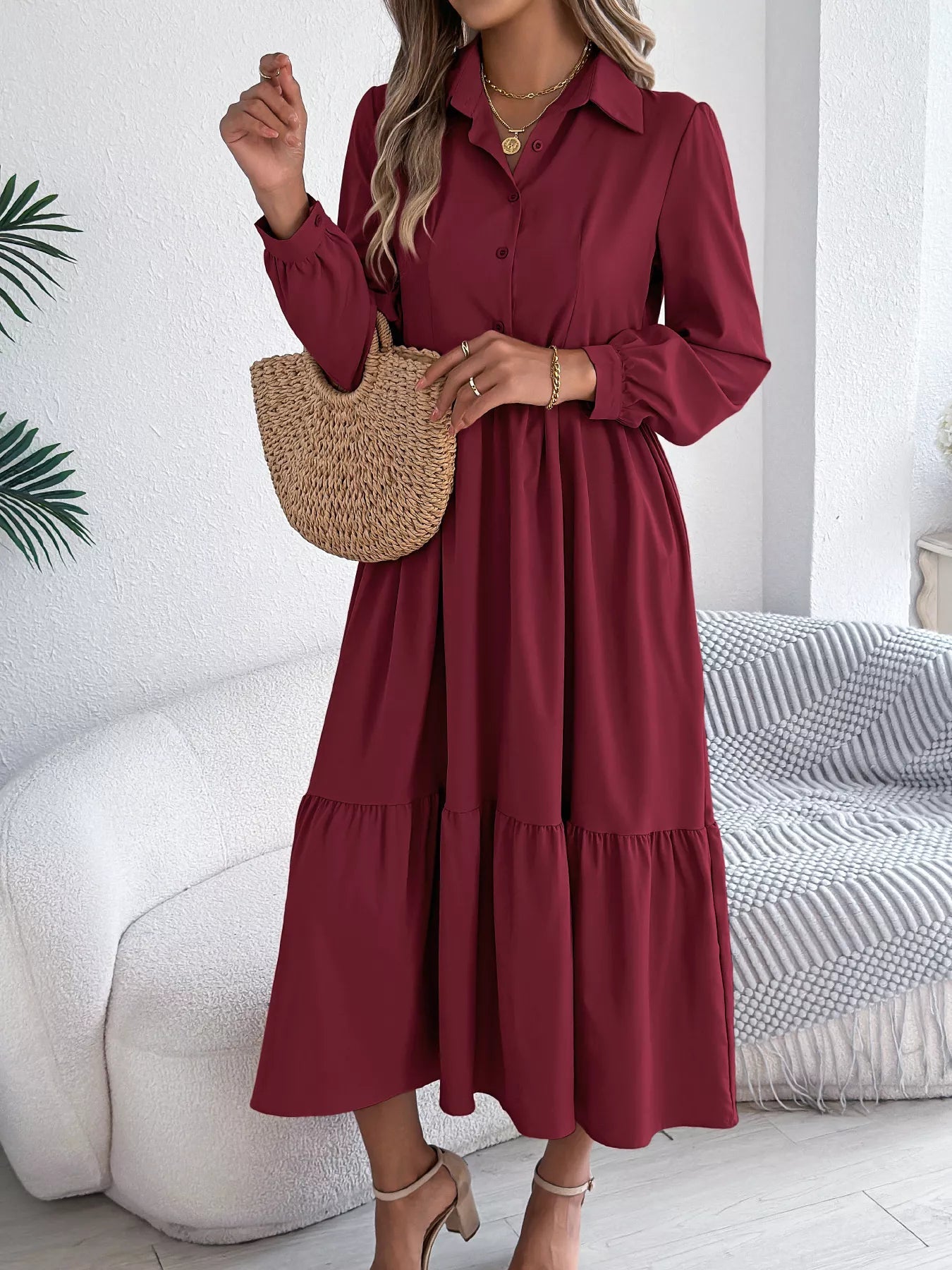 Long Sleeve Tiered Button Front Midi Dress - MAD RUFFI