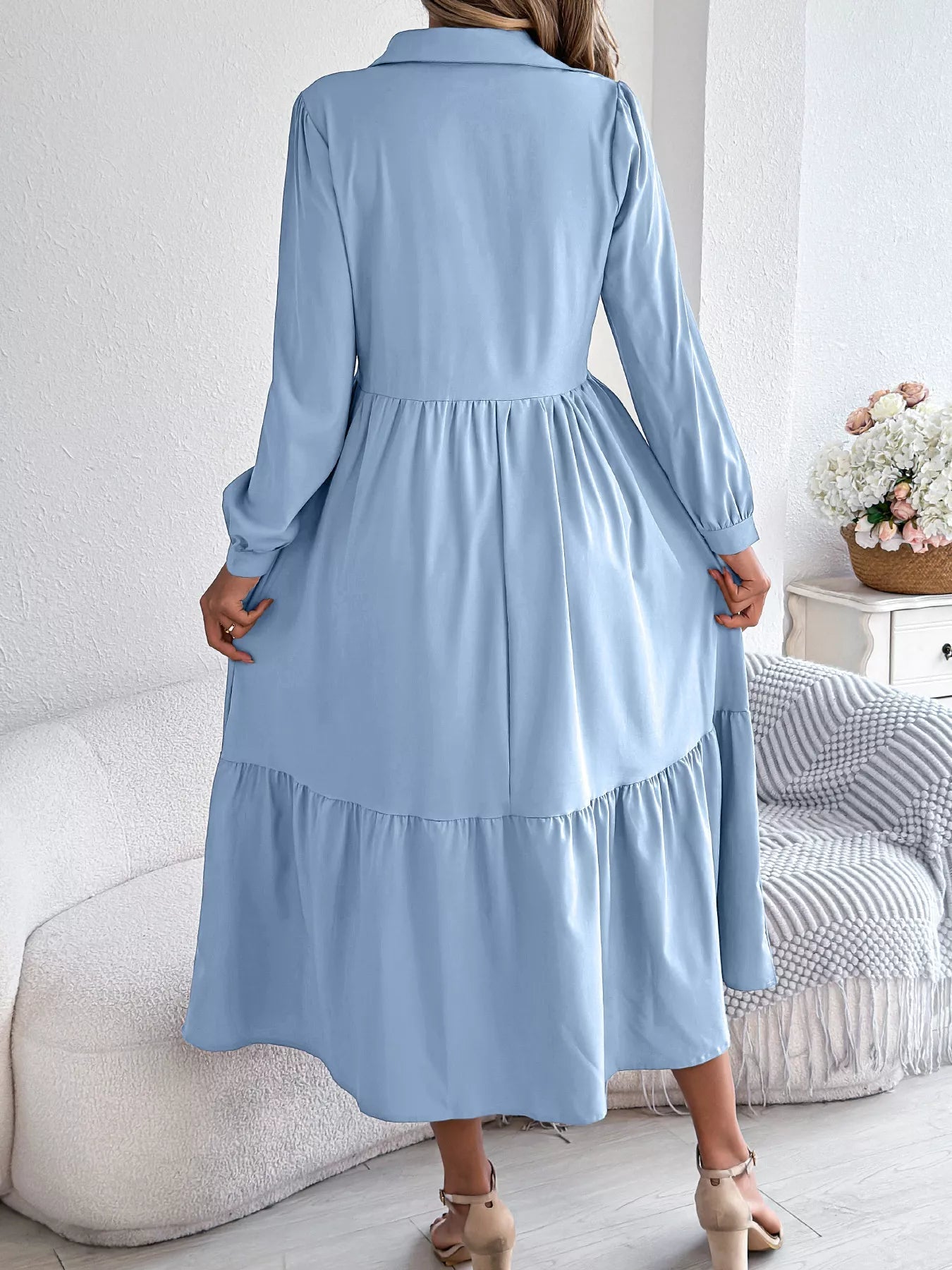 Long Sleeve Tiered Button Front Midi Dress - MAD RUFFI