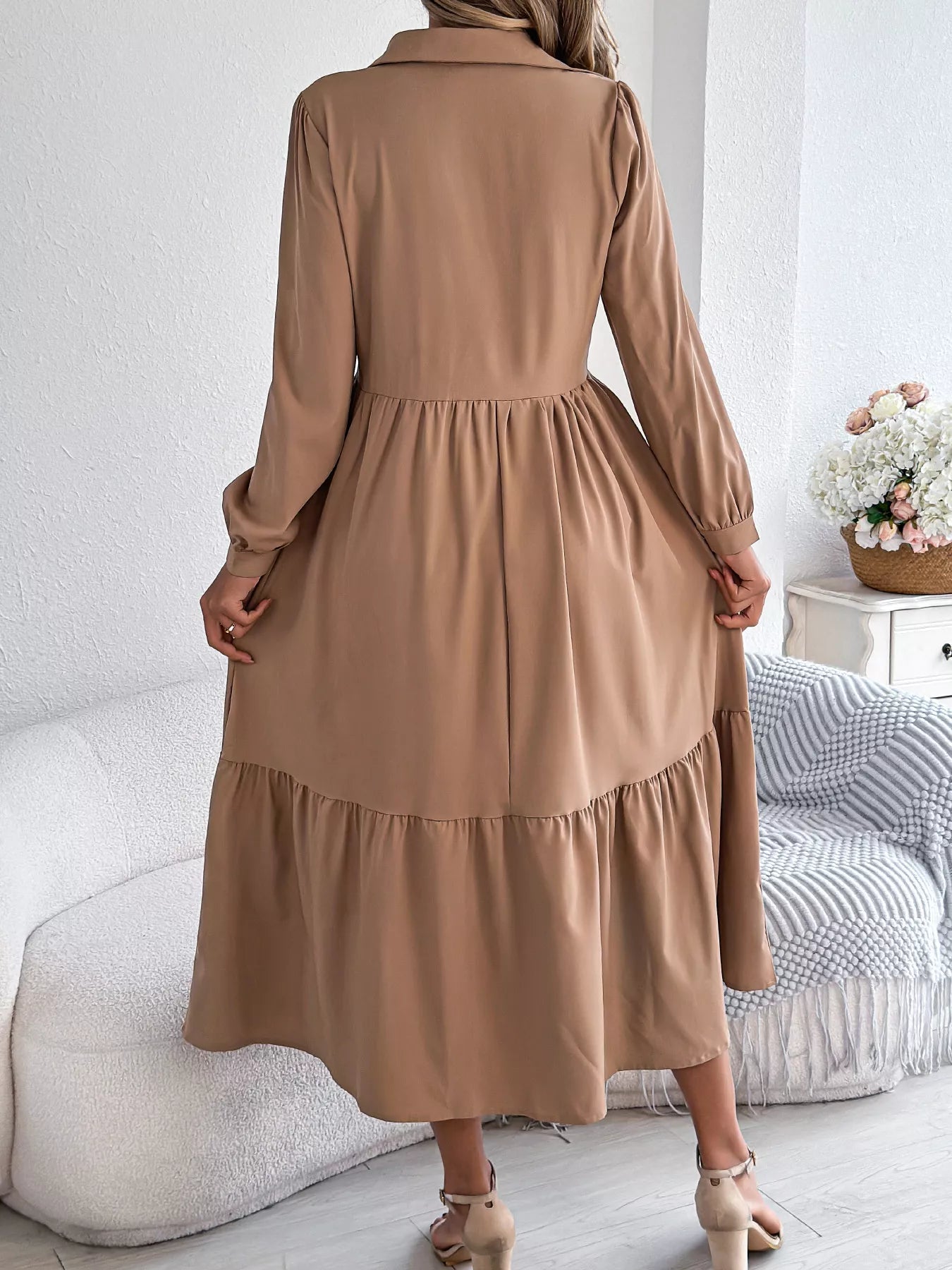 Long Sleeve Tiered Button Front Midi Dress - MAD RUFFI