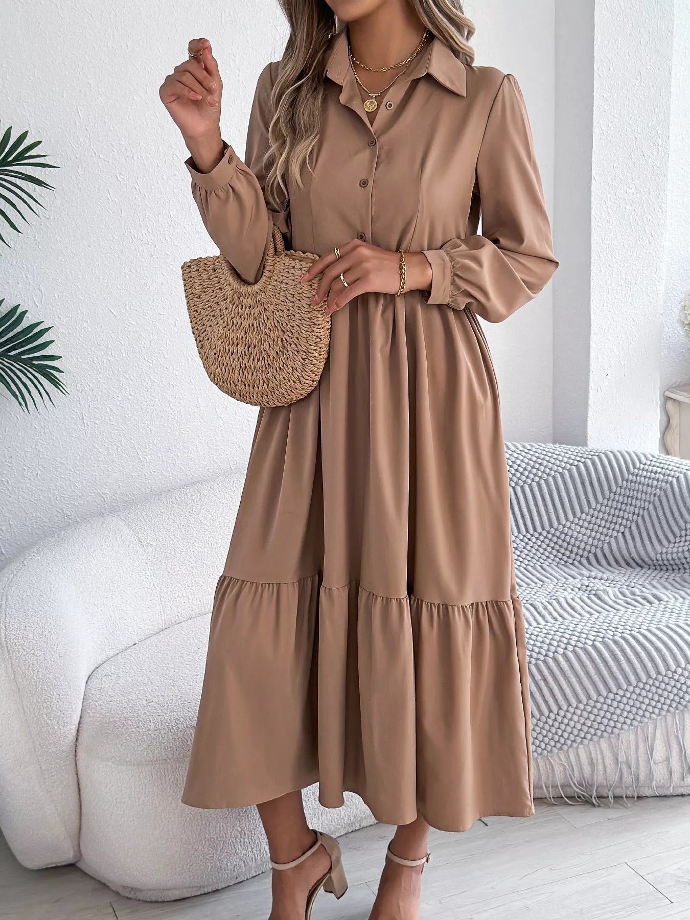 Long Sleeve Tiered Button Front Midi Dress - MAD RUFFI