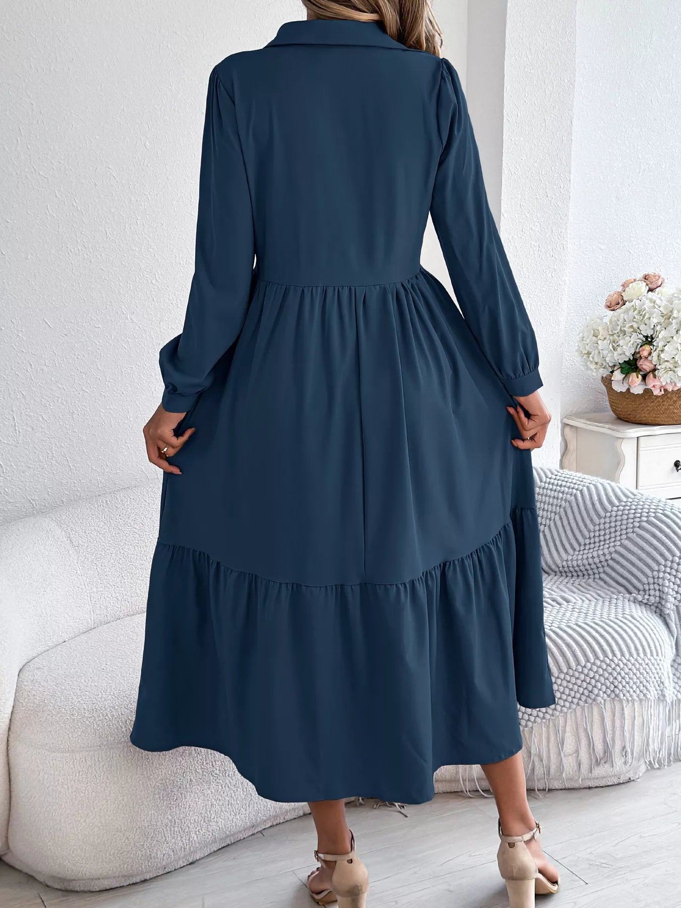 Long Sleeve Tiered Button Front Midi Dress - MAD RUFFI