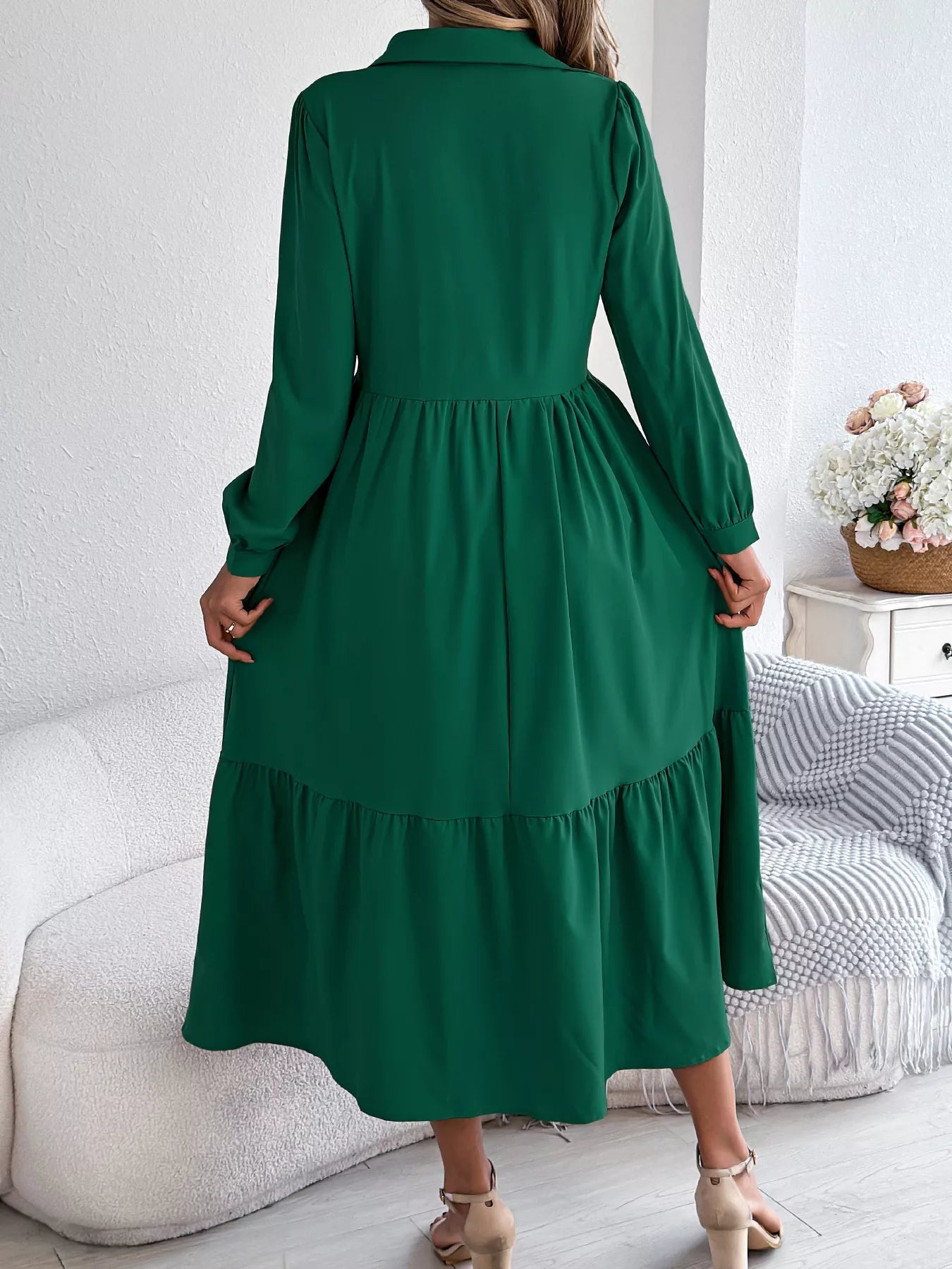 Long Sleeve Tiered Button Front Midi Dress - MAD RUFFI