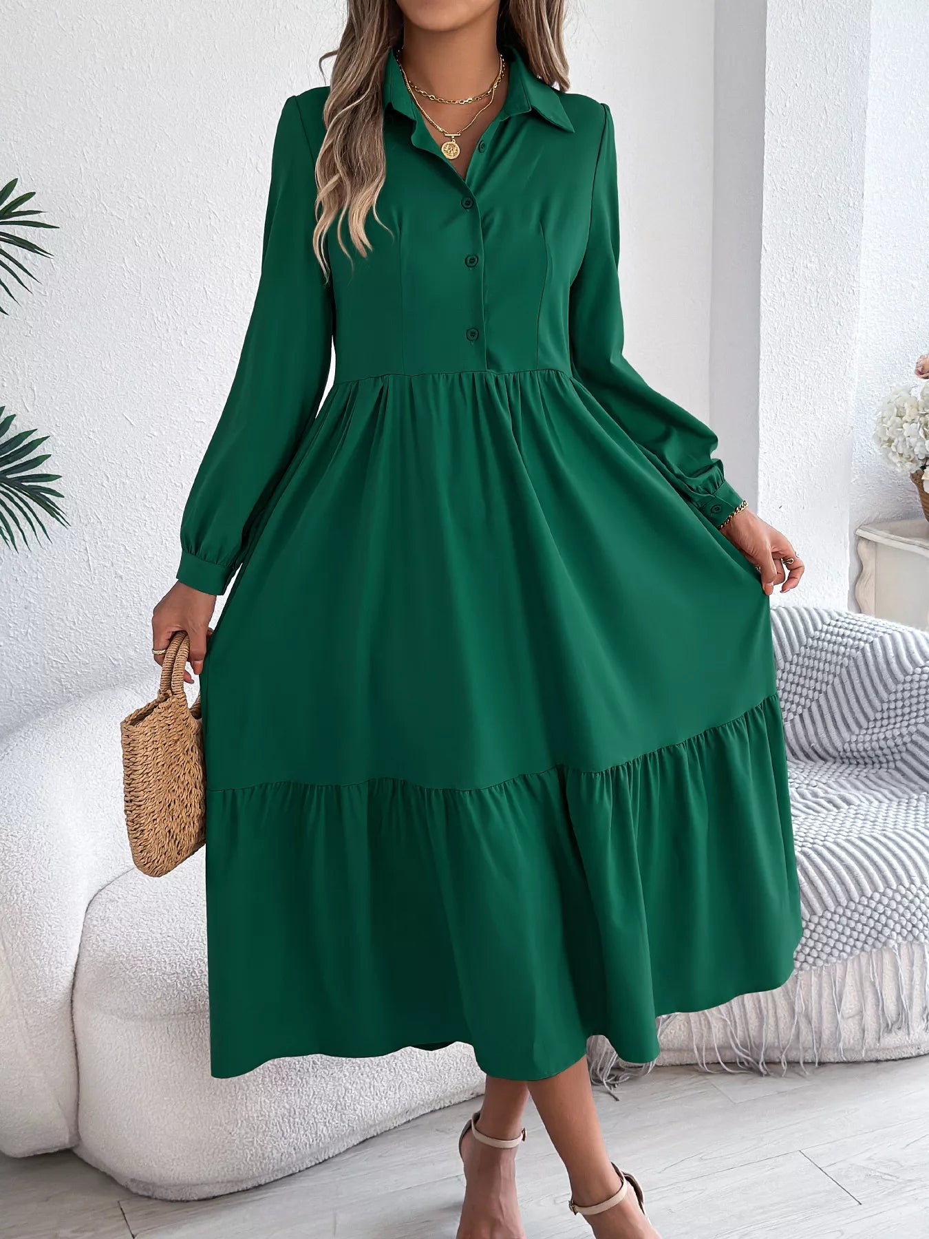 Long Sleeve Tiered Button Front Midi Dress - MAD RUFFI