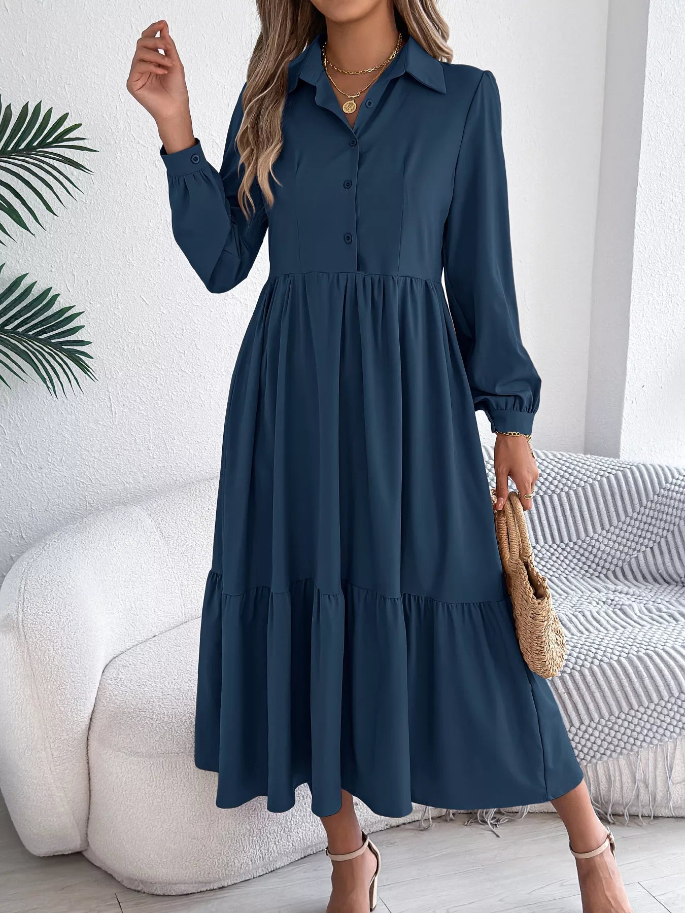 Long Sleeve Tiered Button Front Midi Dress - MAD RUFFI