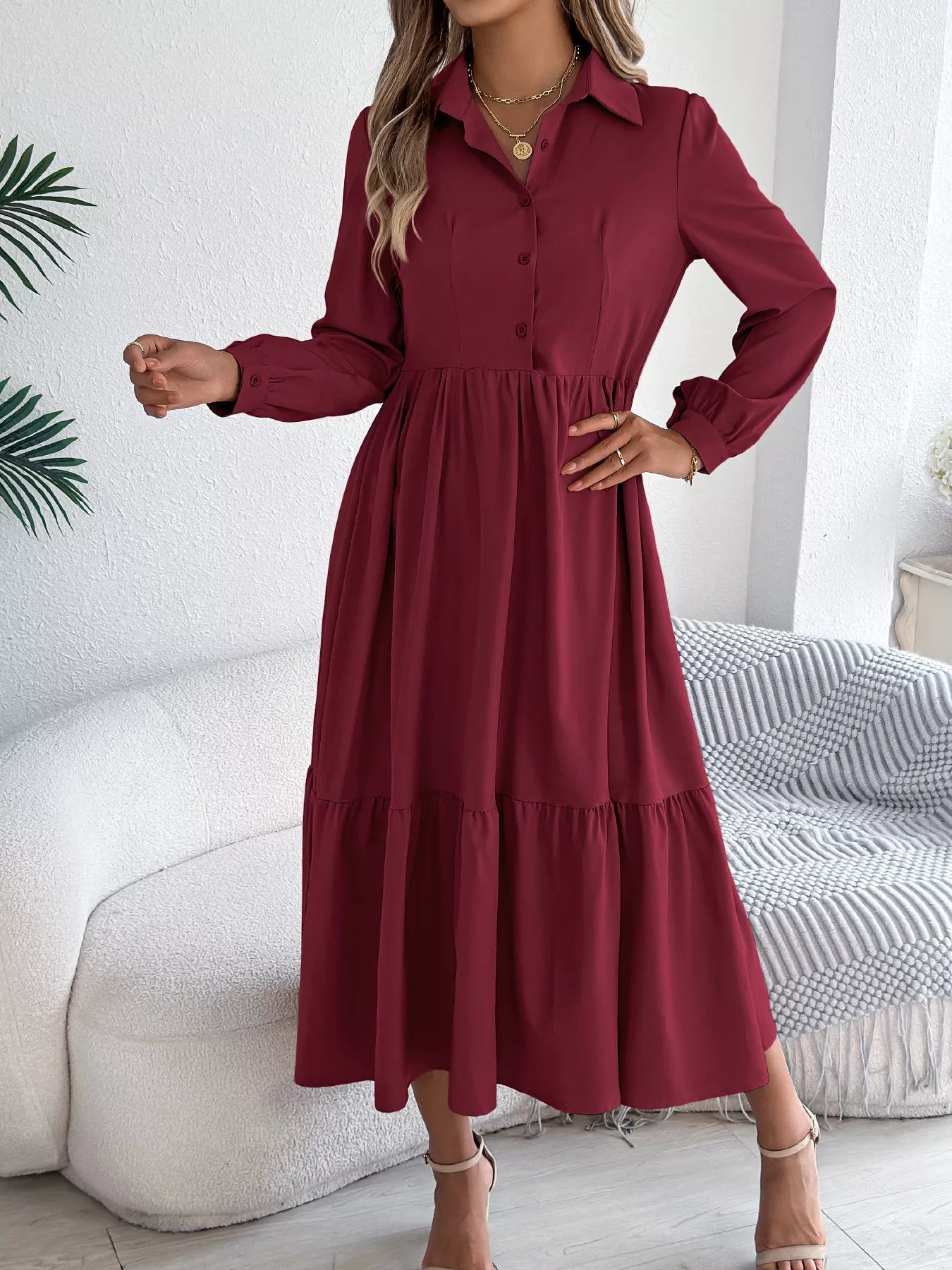 Long Sleeve Tiered Button Front Midi Dress - MAD RUFFI