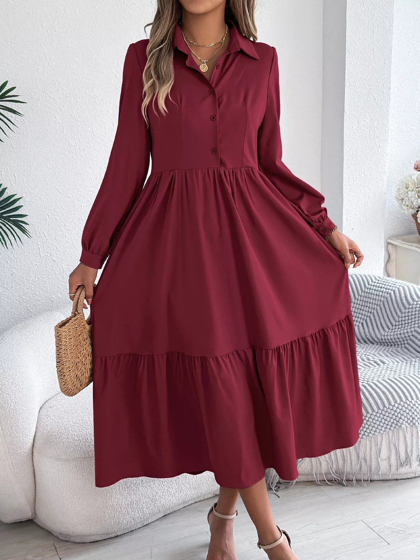Long Sleeve Tiered Button Front Midi Dress - MAD RUFFI