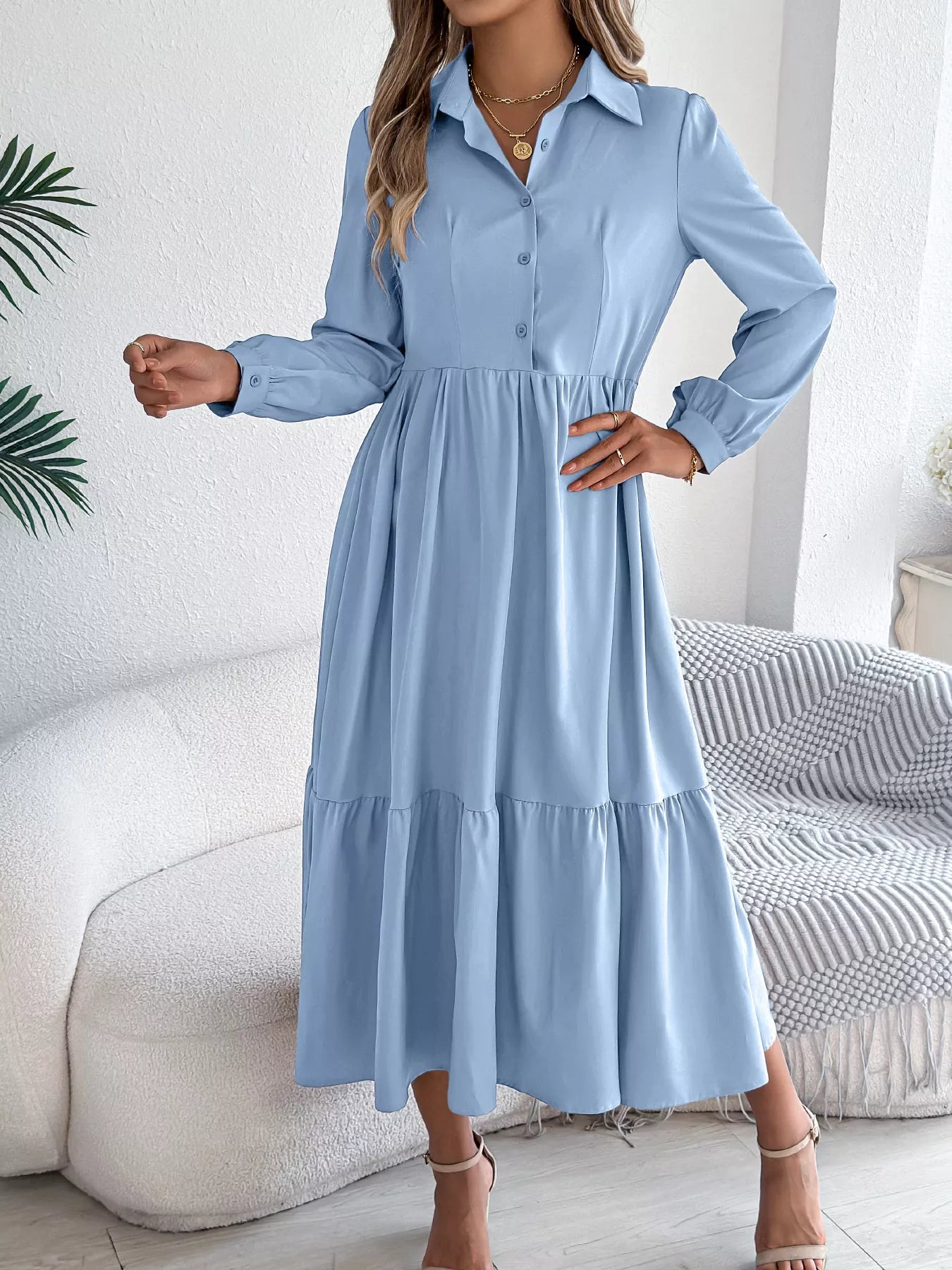 Long Sleeve Tiered Button Front Midi Dress - MAD RUFFI