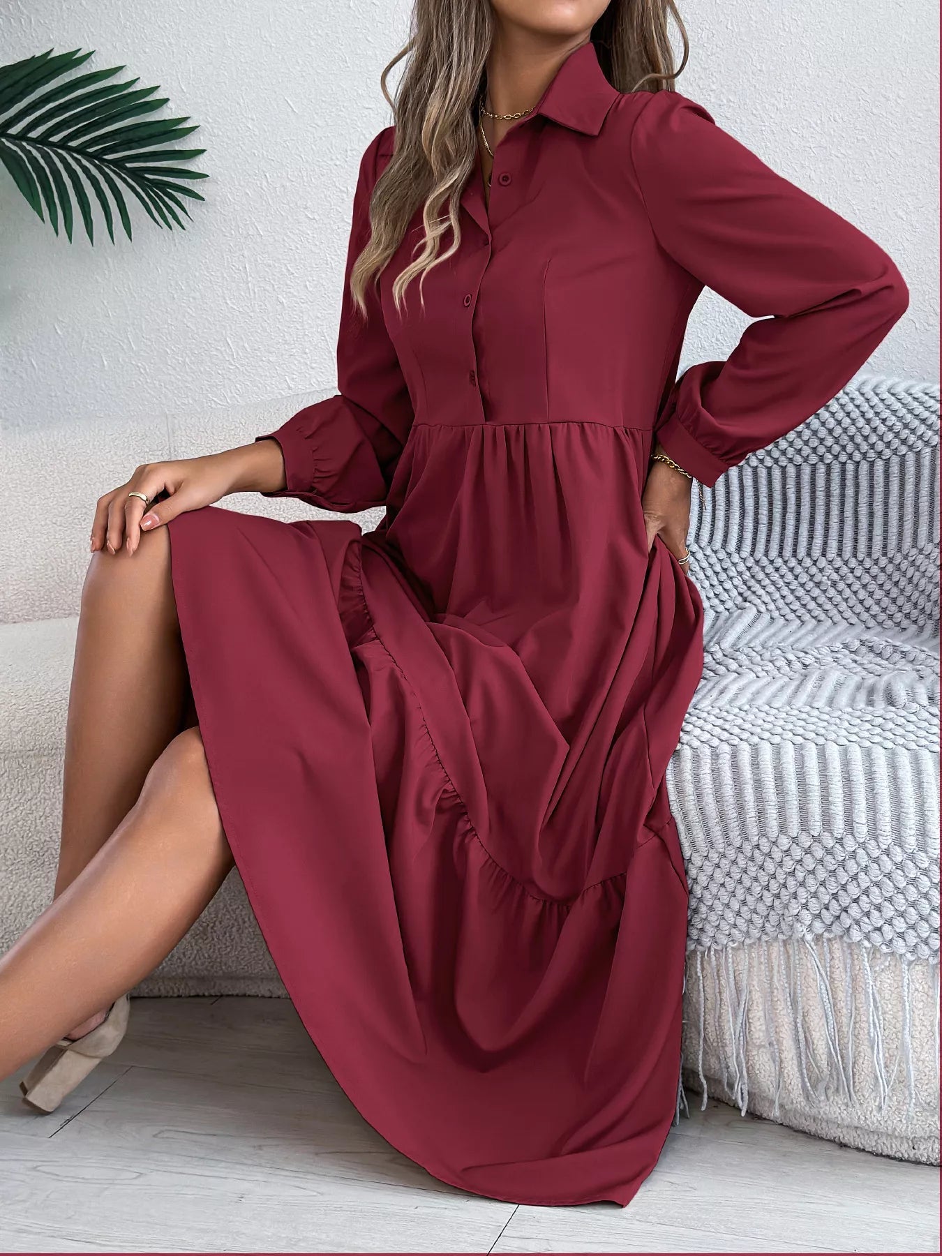Long Sleeve Tiered Button Front Midi Dress - MAD RUFFI