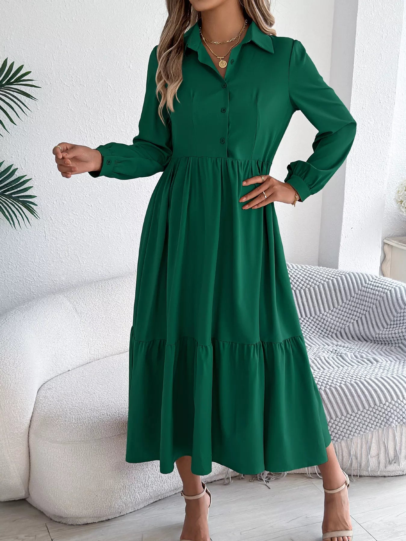 Long Sleeve Tiered Button Front Midi Dress - MAD RUFFI
