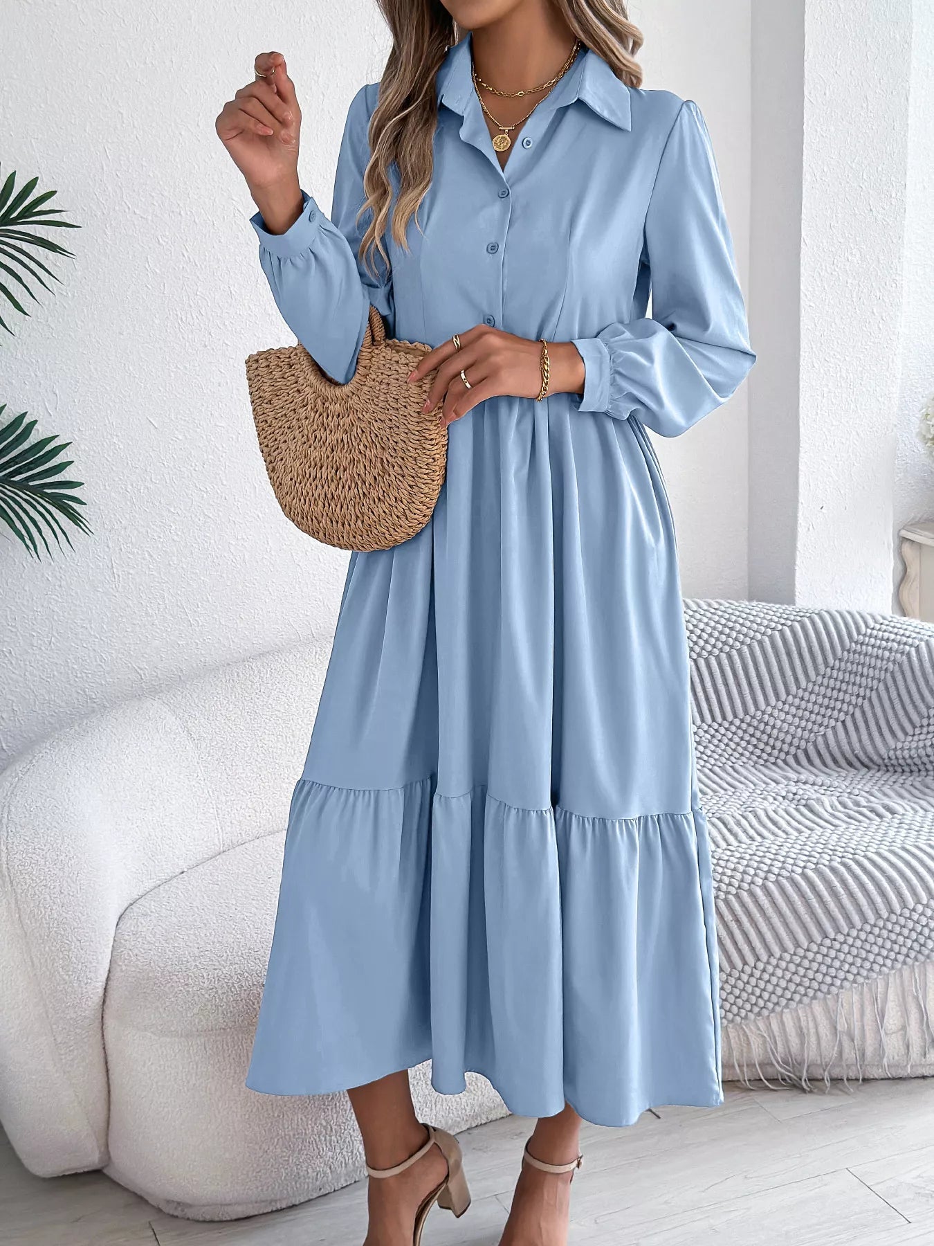 Long Sleeve Tiered Button Front Midi Dress - MAD RUFFI