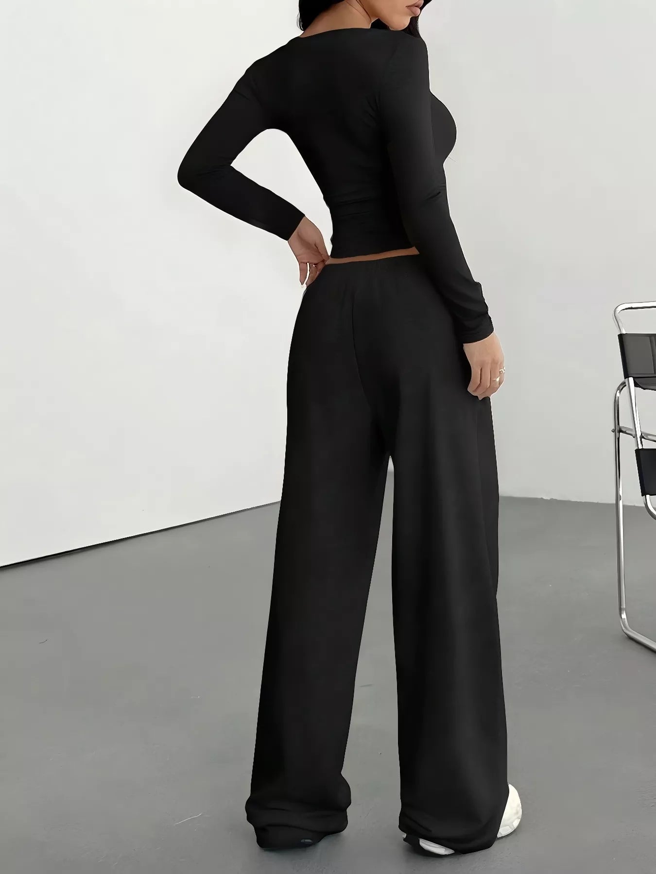 Long Sleeve Top and Wide Leg Pants Set - MAD RUFFI