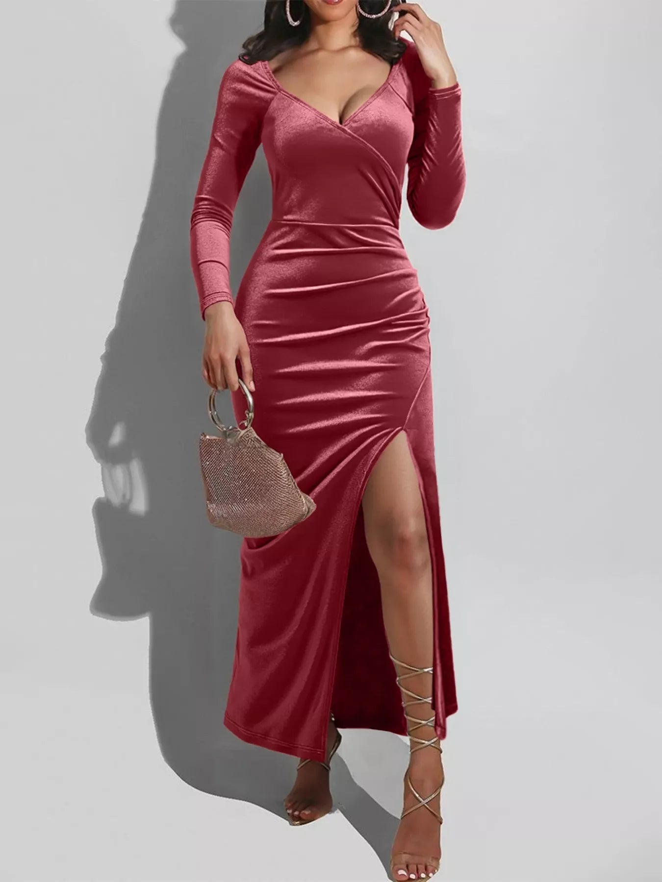Long Sleeve Wrap Midi Dress with Slit - MAD RUFFI