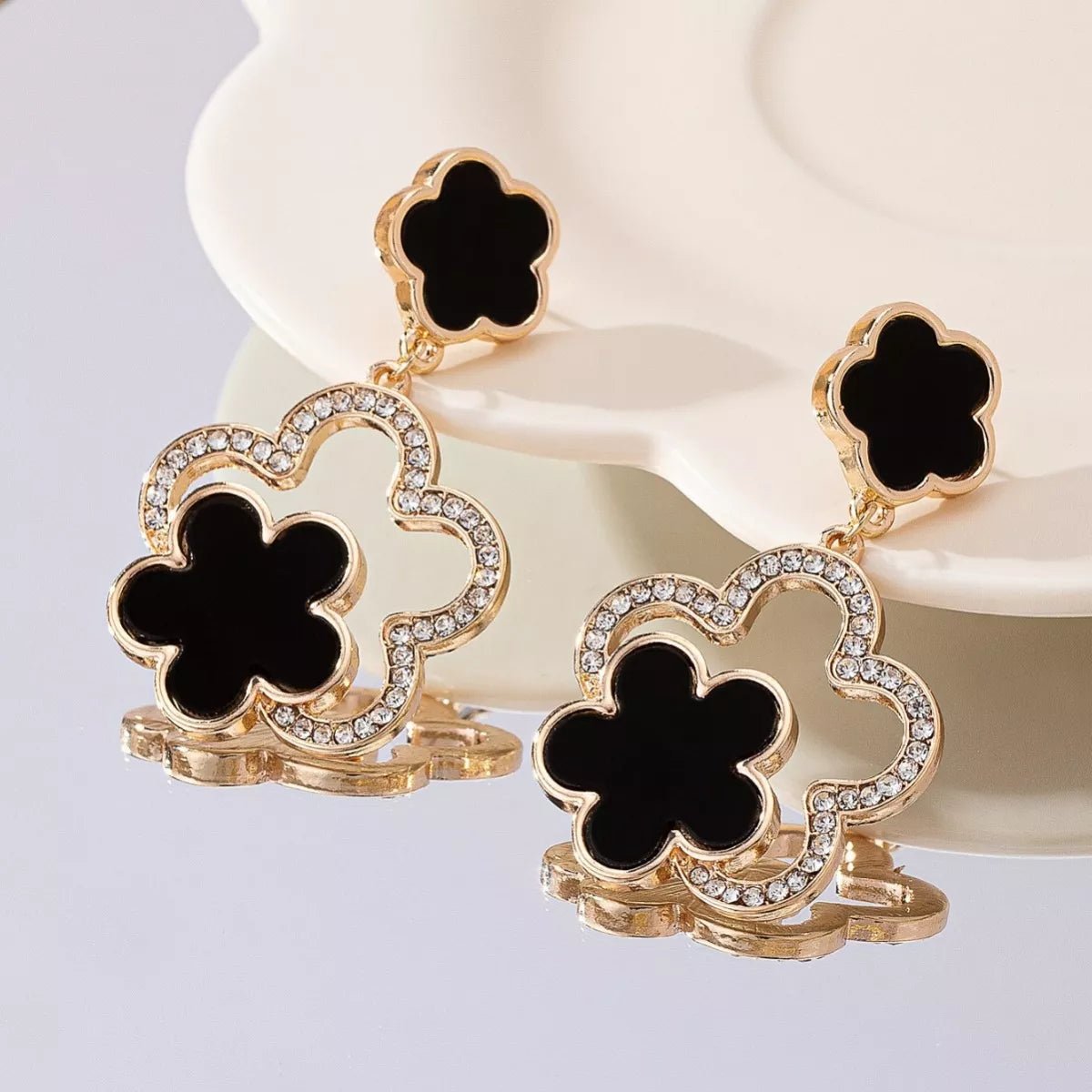 Lucky Clover Dangle Earrings with Rhinestone Accents - MAD RUFFI