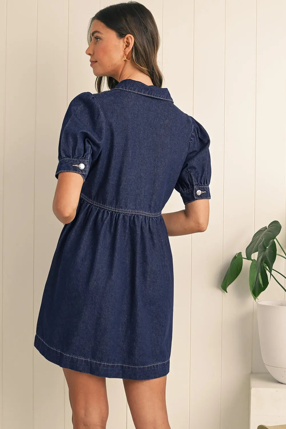 denim lace up dress Dirty Blue Puff Sleeve Half Zipper Denim Flowy Dress