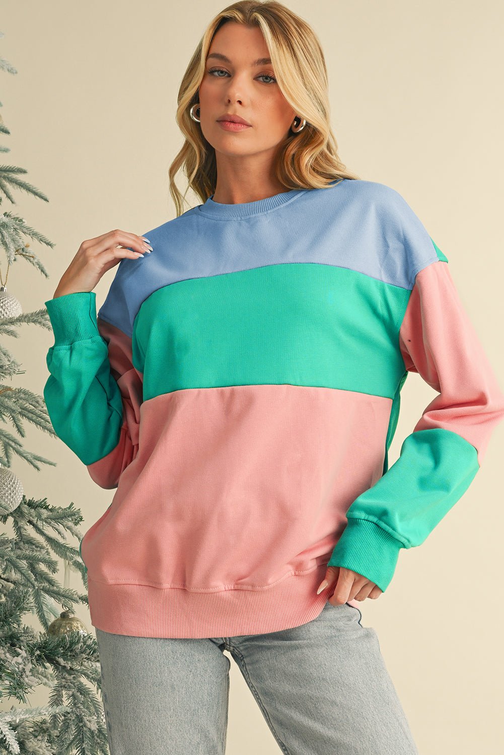 Meadow Mauve Colorblock Drop Shoulder Sweatshirt - MAD RUFFI