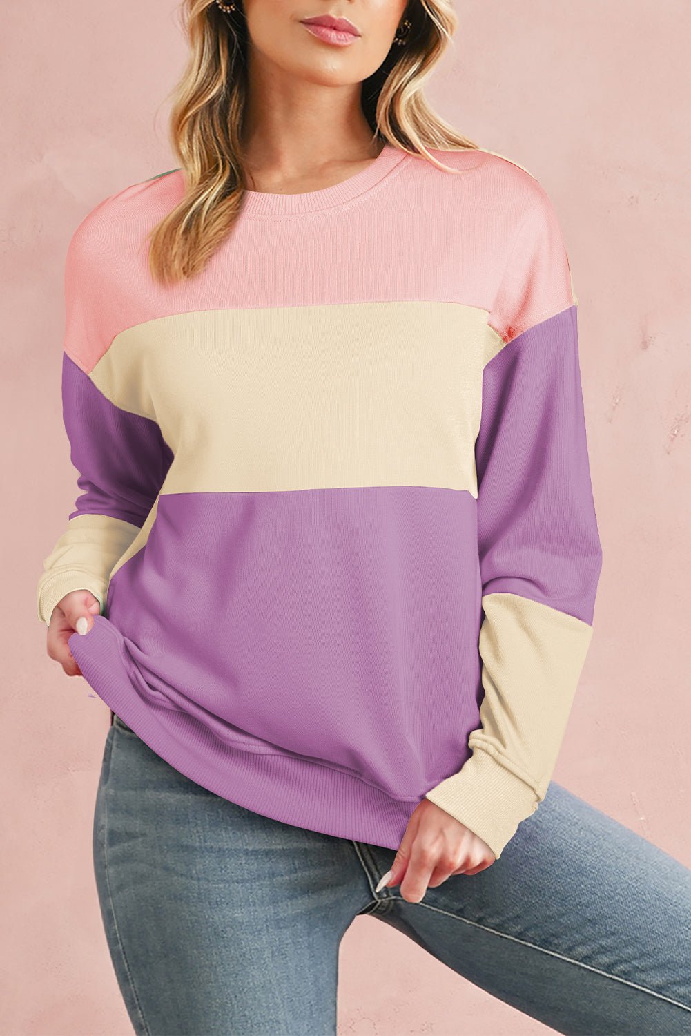 Meadow Mauve Colorblock Drop Shoulder Sweatshirt - MAD RUFFI