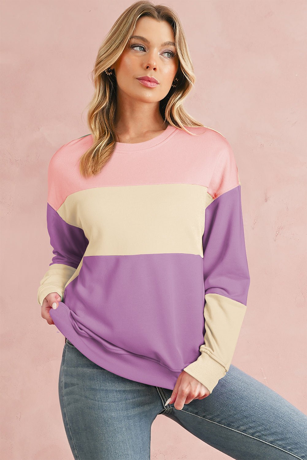 Meadow Mauve Colorblock Drop Shoulder Sweatshirt - MAD RUFFI