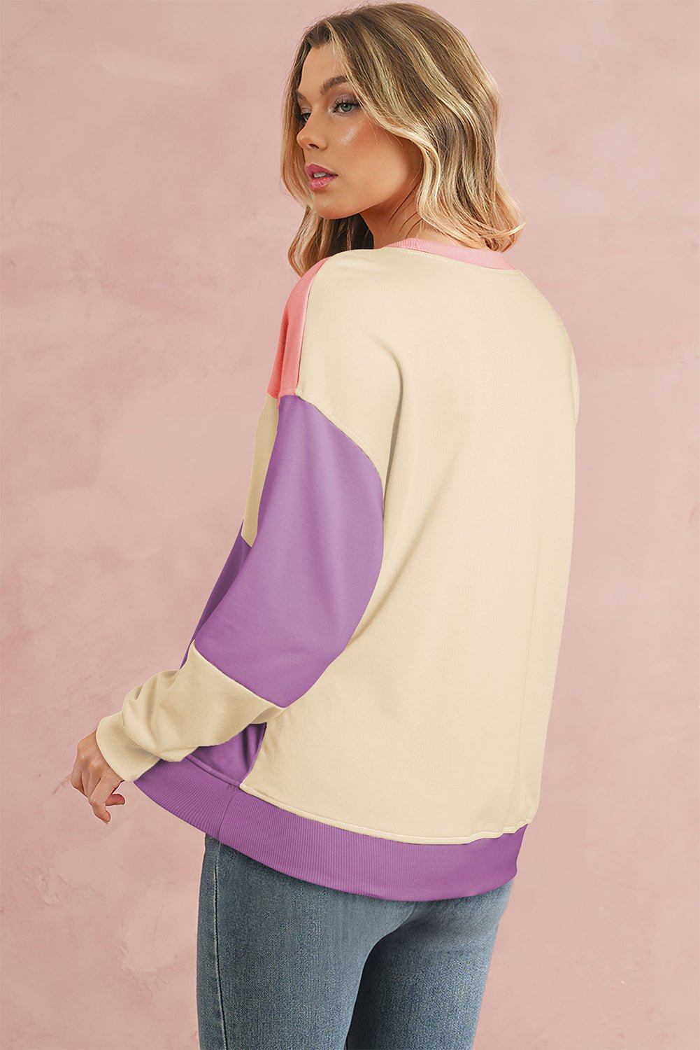 Meadow Mauve Colorblock Drop Shoulder Sweatshirt - MAD RUFFI