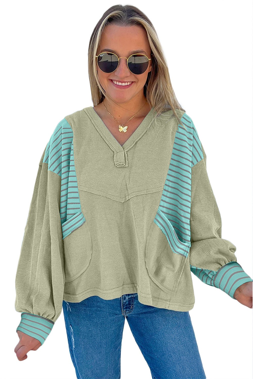 Meadow Mist Green Exposed Seam Waffle Striped Patchwork Baggy Pullover - MAD RUFFI