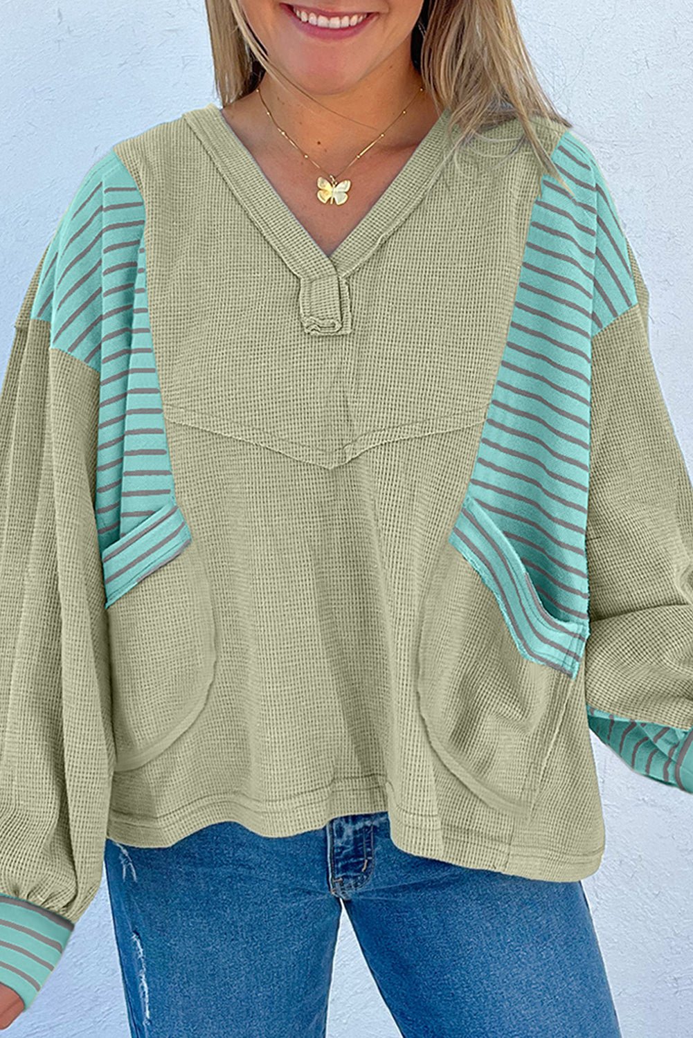 Meadow Mist Green Exposed Seam Waffle Striped Patchwork Baggy Pullover - MAD RUFFI