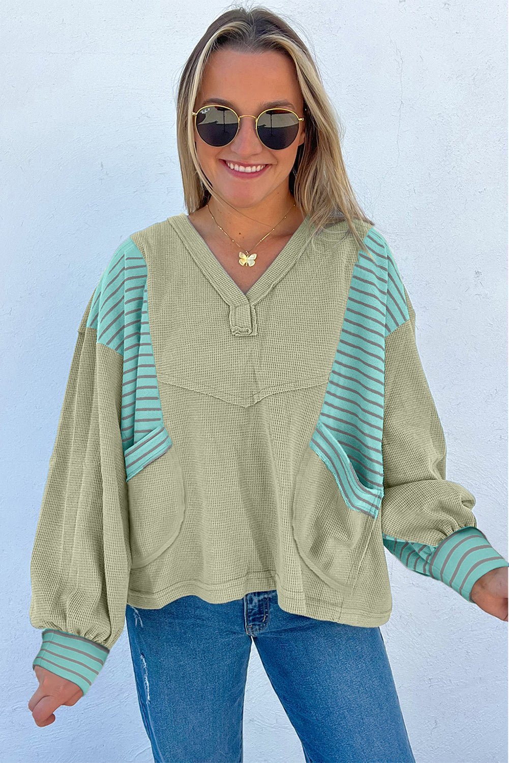 Meadow Mist Green Exposed Seam Waffle Striped Patchwork Baggy Pullover - MAD RUFFI