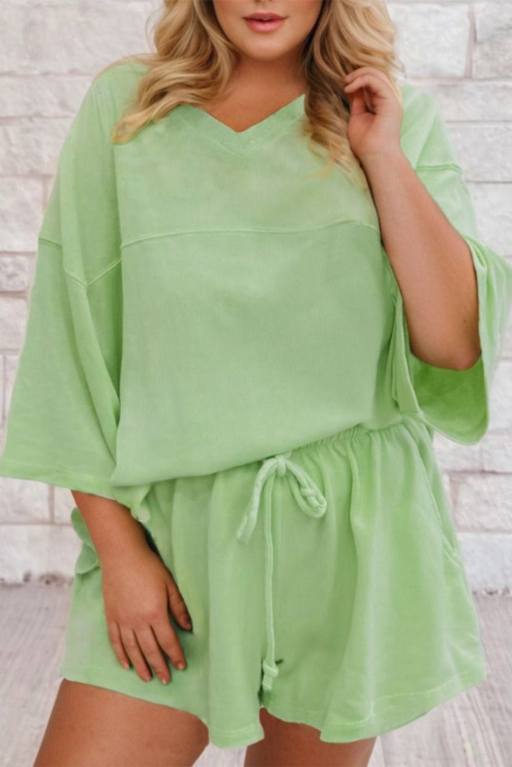 Meadow Mist Green Plus Size V Neck Drop Shoulder Tee Loose Shorts Set - MAD RUFFI