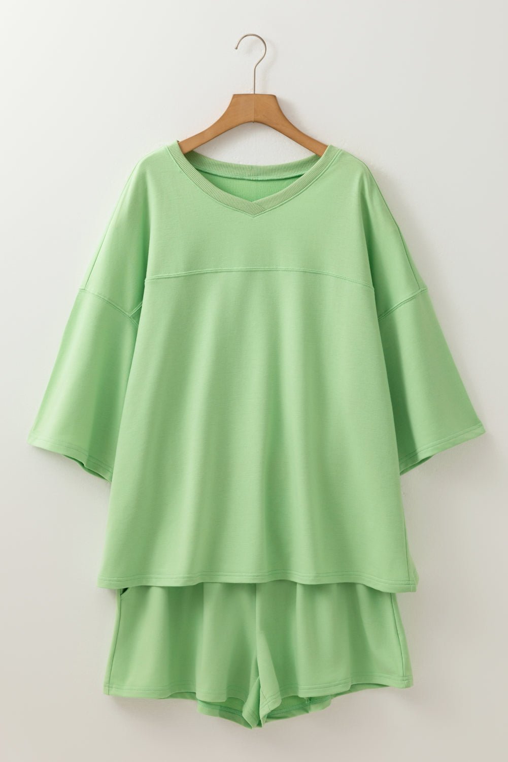 Meadow Mist Green Plus Size V Neck Drop Shoulder Tee Loose Shorts Set - MAD RUFFI