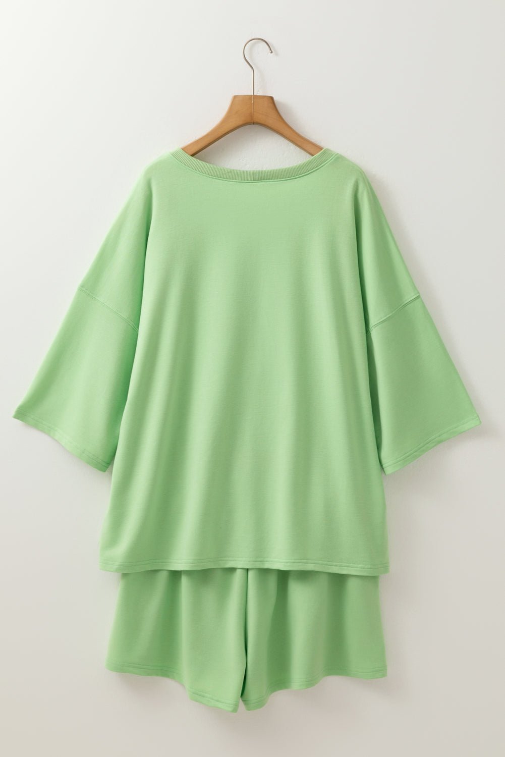 Meadow Mist Green Plus Size V Neck Drop Shoulder Tee Loose Shorts Set - MAD RUFFI