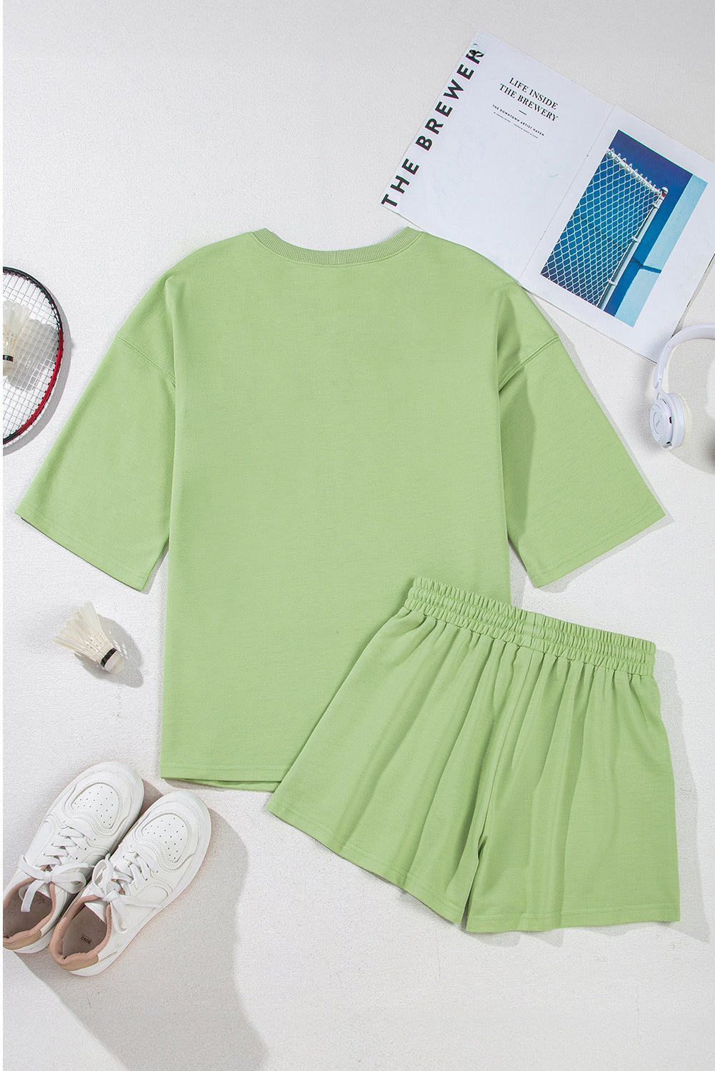 Meadow Mist Green Plus Size V Neck Drop Shoulder Tee Loose Shorts Set - MAD RUFFI