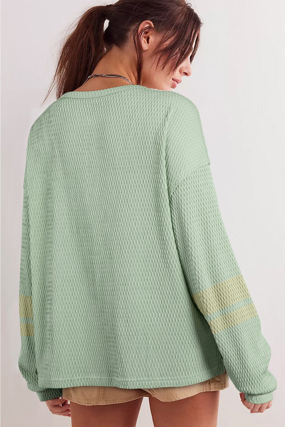 Meadow Mist Green Textured Colorblock Sleeve Henley Sweatshirt - MAD RUFFI