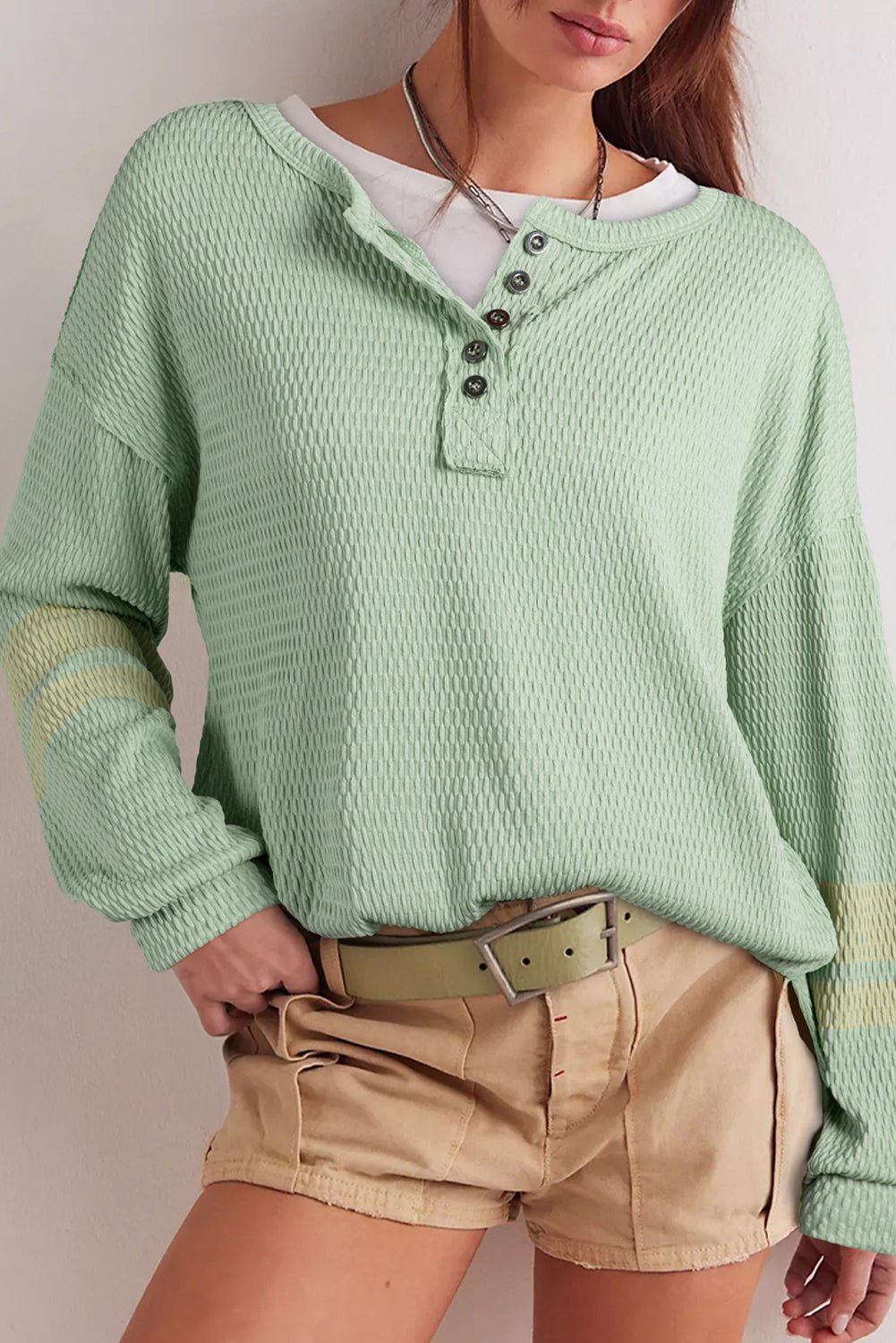 Meadow Mist Green Textured Colorblock Sleeve Henley Sweatshirt - MAD RUFFI