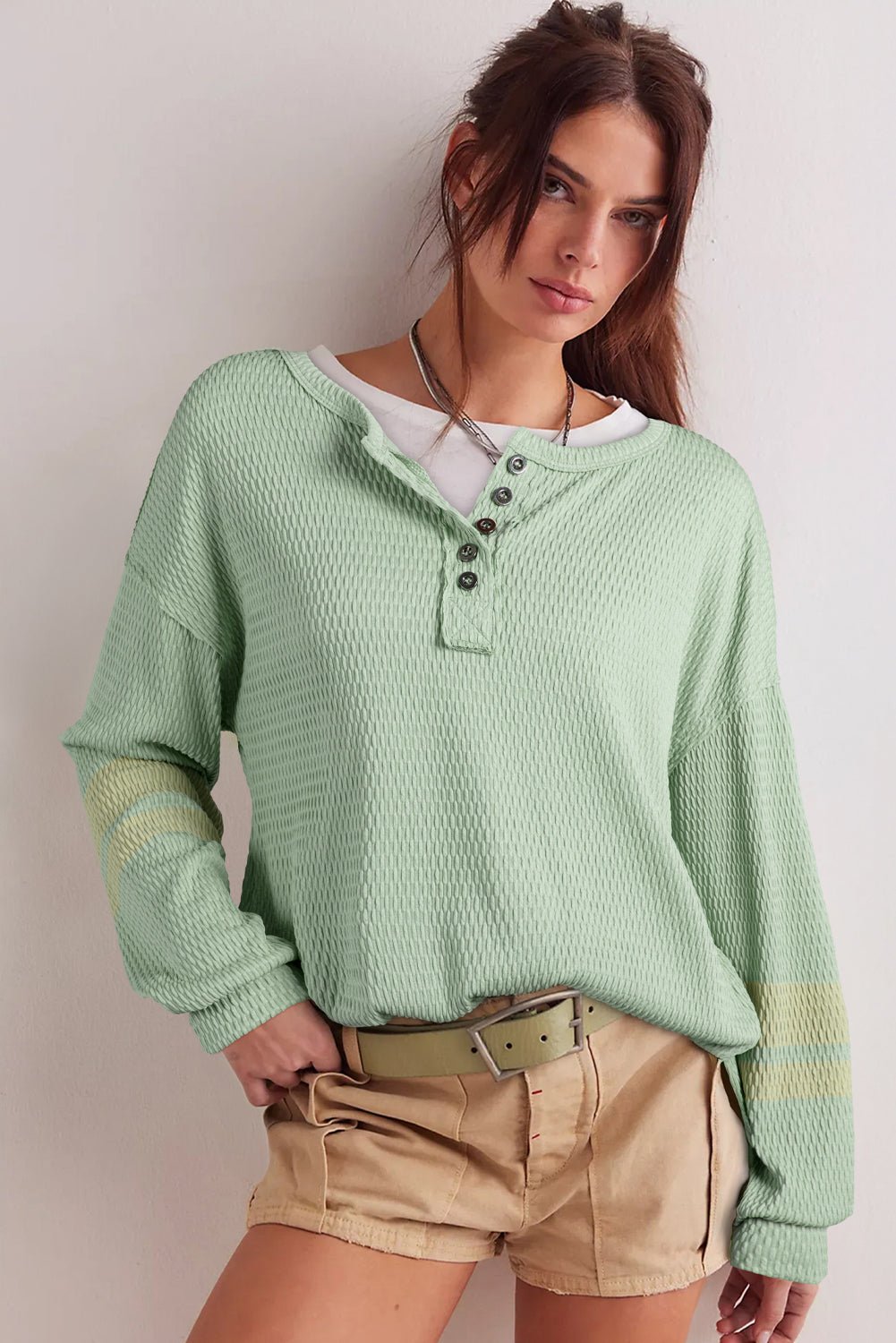 Meadow Mist Green Textured Colorblock Sleeve Henley Sweatshirt - MAD RUFFI