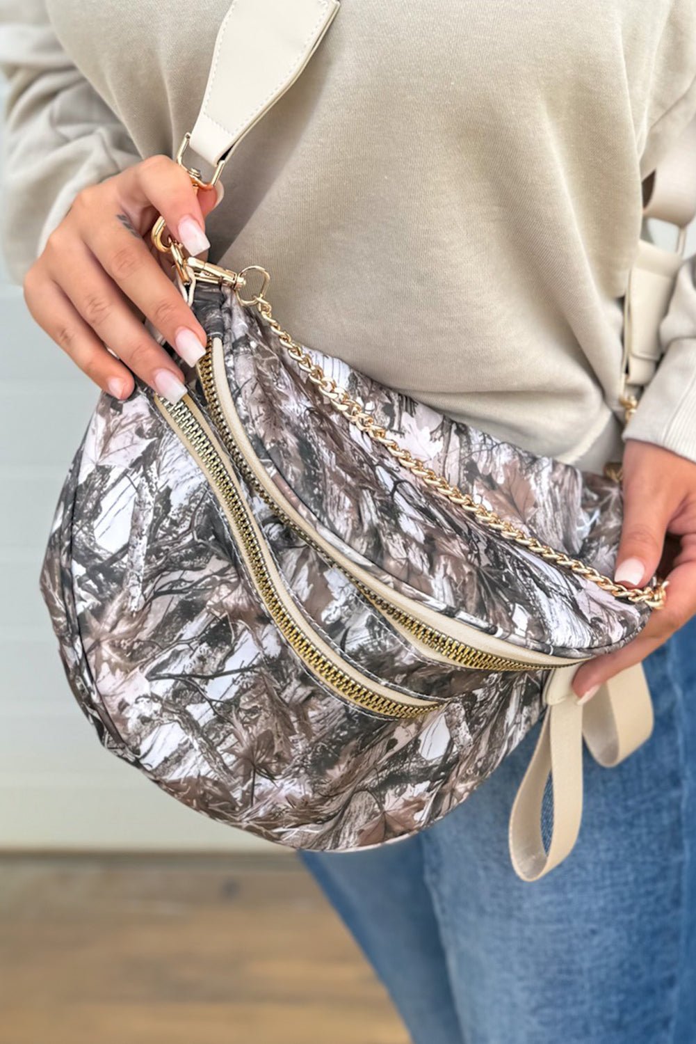 Medium Grey Abstract Camo Print Gold Chain Crossbody Bag - MAD RUFFI