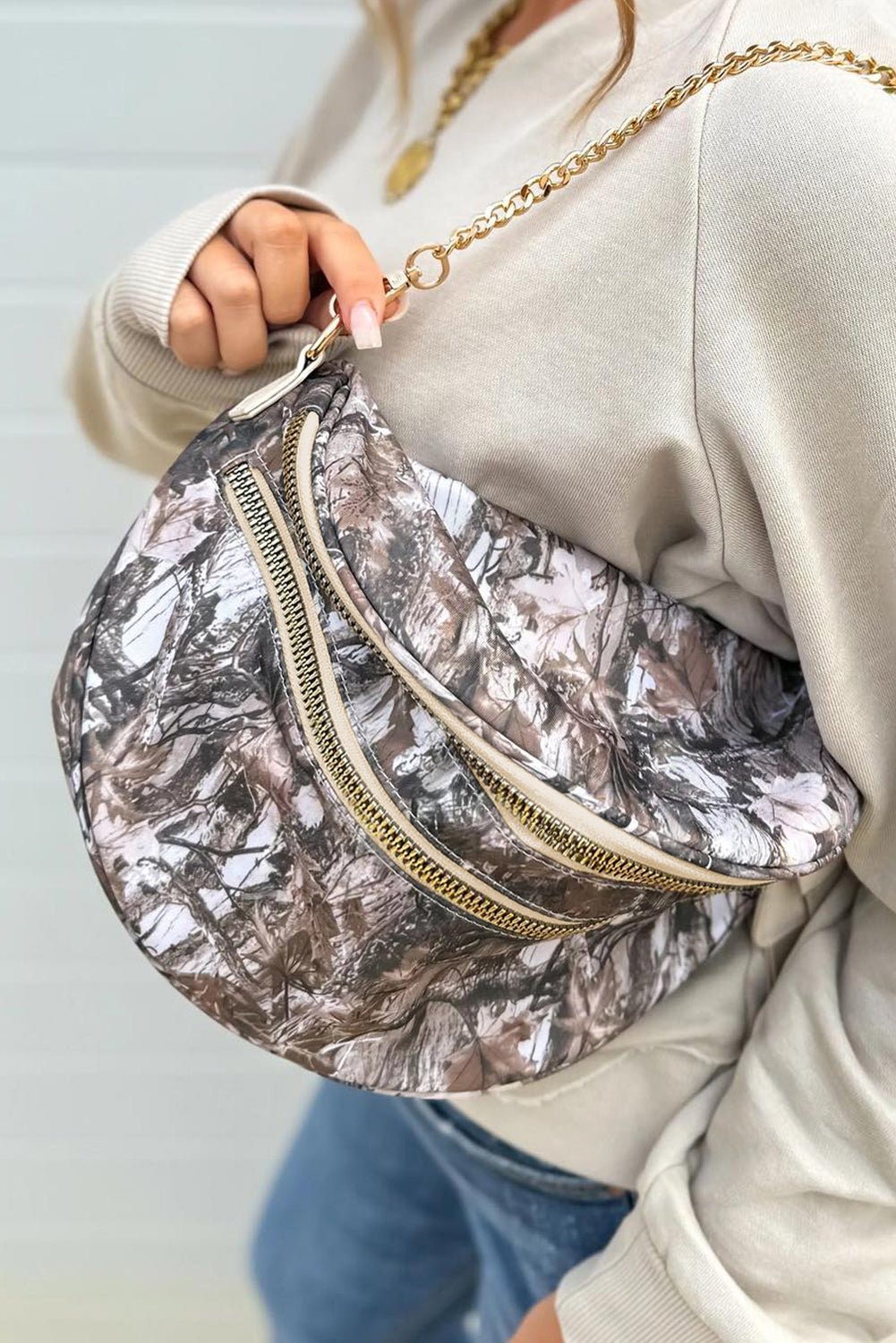 Medium Grey Abstract Camo Print Gold Chain Crossbody Bag - MAD RUFFI