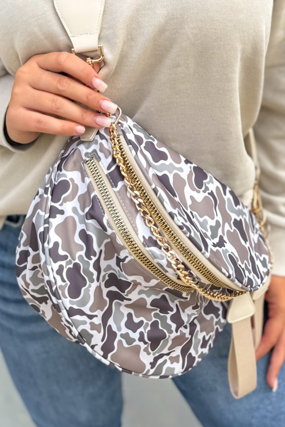 Medium Grey Abstract Camo Print Gold Chain Crossbody Bag - MAD RUFFI