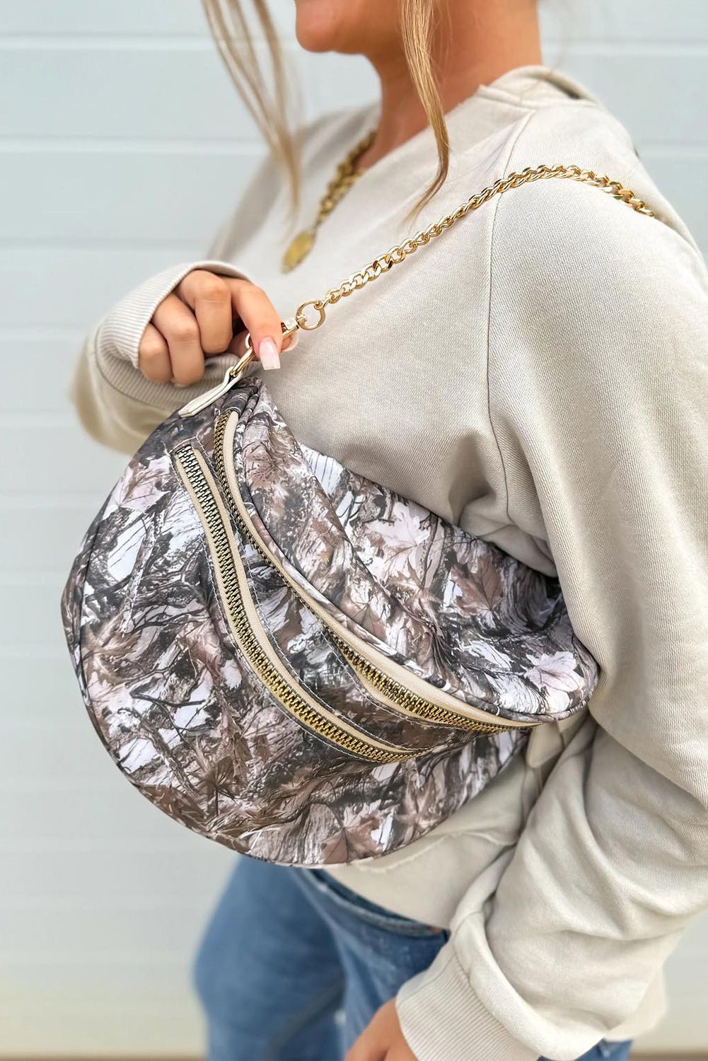 Medium Grey Abstract Camo Print Gold Chain Crossbody Bag - MAD RUFFI