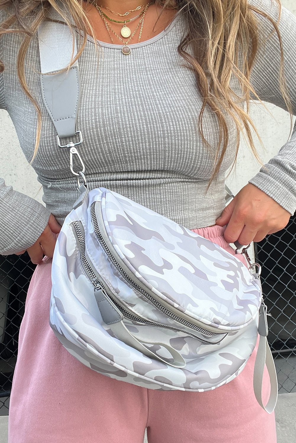 Medium Grey Abstract Camo Print Gold Chain Crossbody Bag - MAD RUFFI