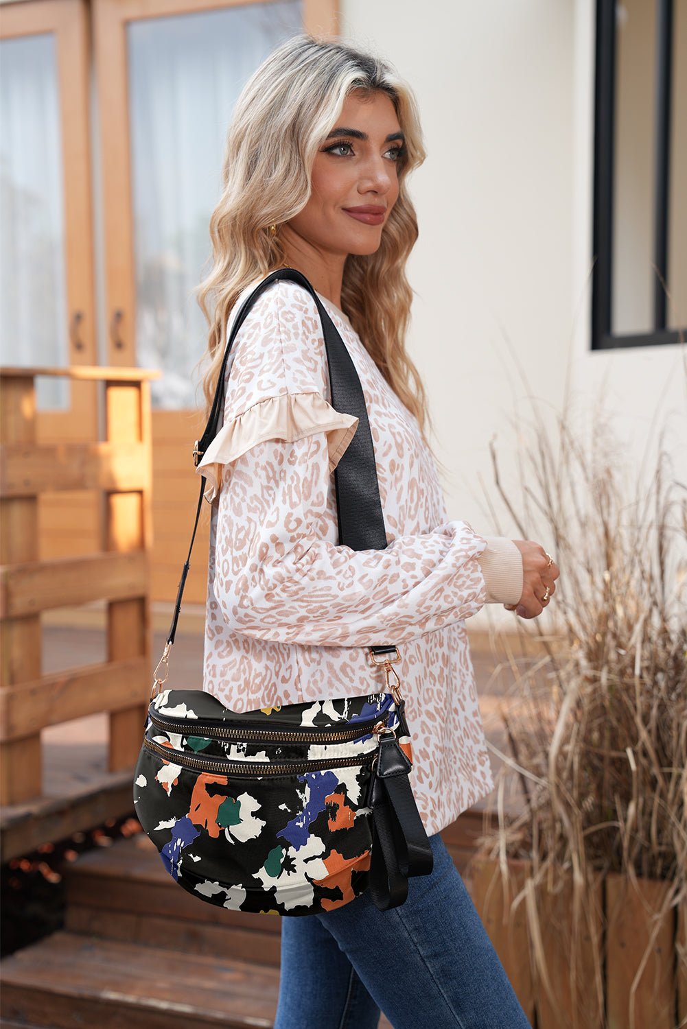 Medium Grey Abstract Camo Print Gold Chain Crossbody Bag - MAD RUFFI