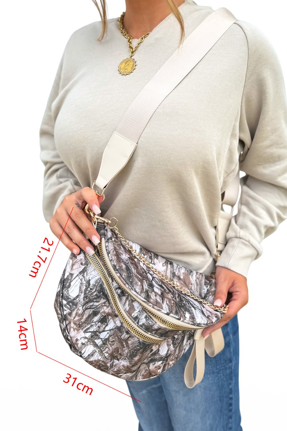 Medium Grey Abstract Camo Print Gold Chain Crossbody Bag - MAD RUFFI