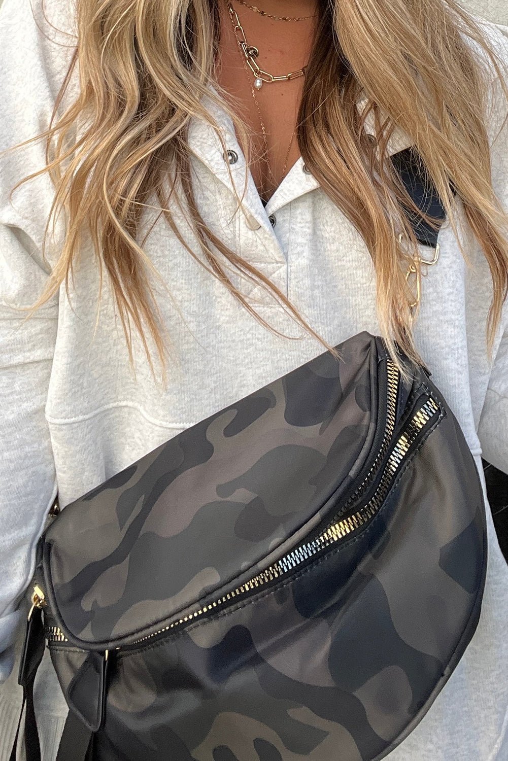 Medium Grey Abstract Camo Print Gold Chain Crossbody Bag - MAD RUFFI