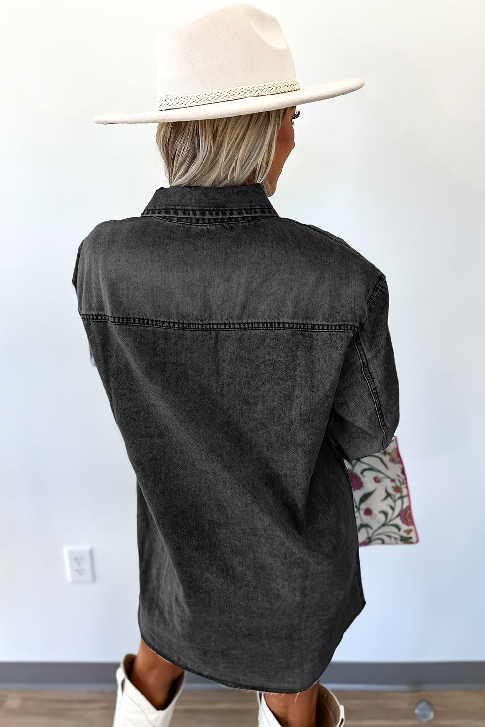 Medium Grey Chest Pocket Raw Hem Denim Loose Shirt Dress - MAD RUFFI