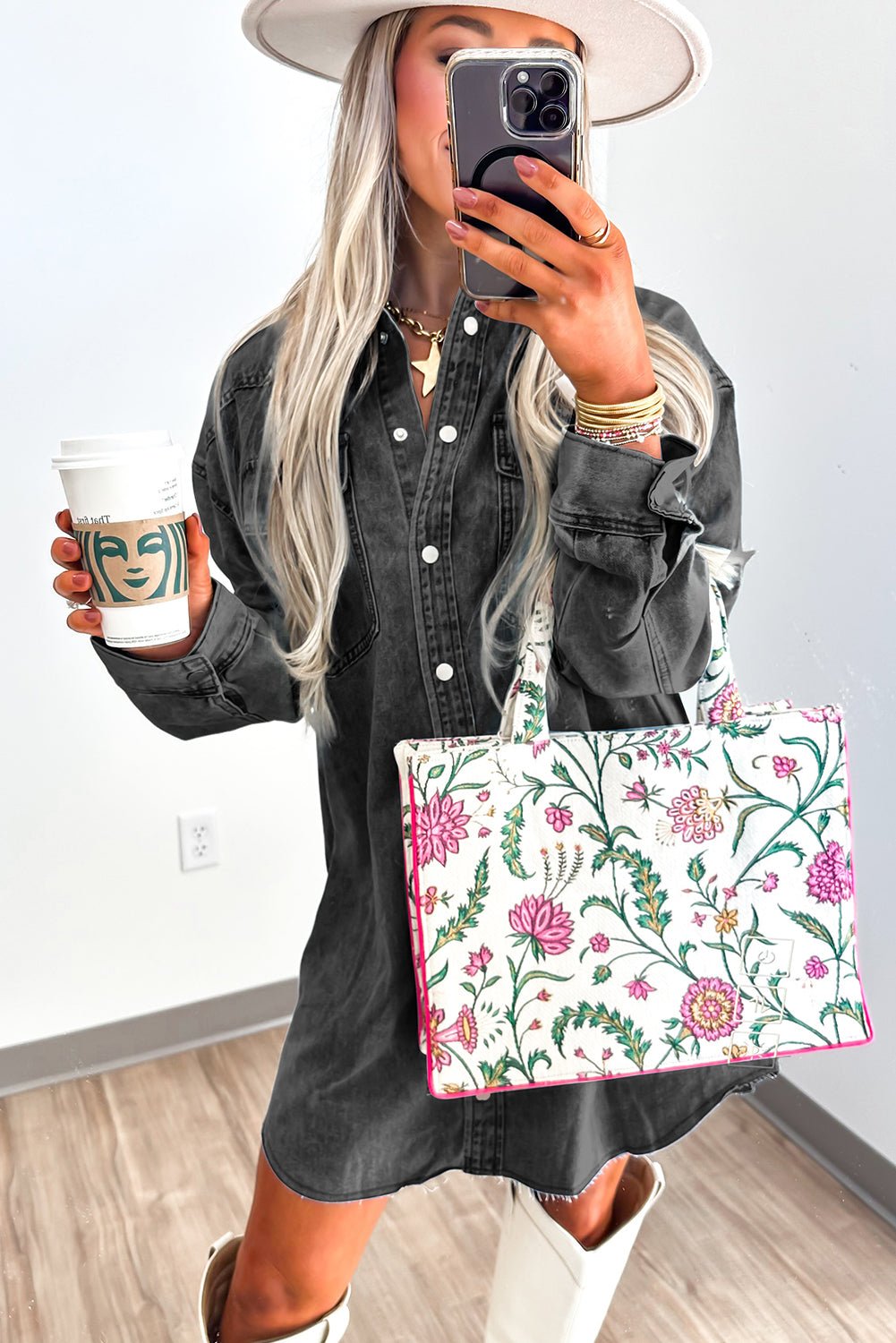 Medium Grey Chest Pocket Raw Hem Denim Loose Shirt Dress - MAD RUFFI