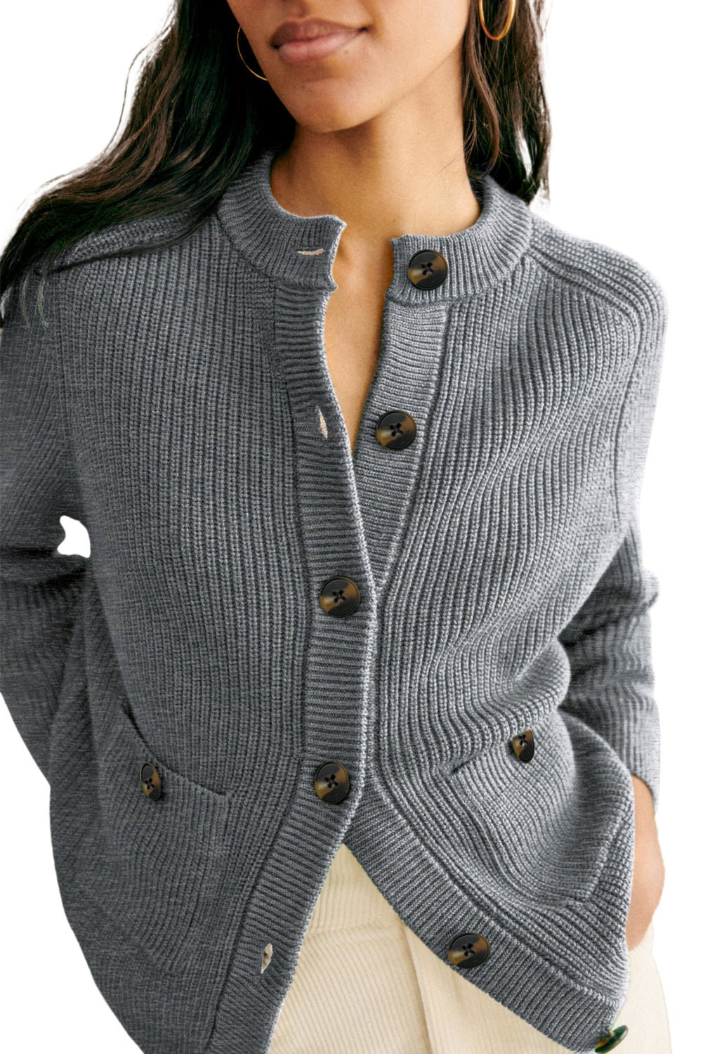 Medium Grey Chunky Buttoned Front Round Neck Cardigan Sweater - MAD RUFFI