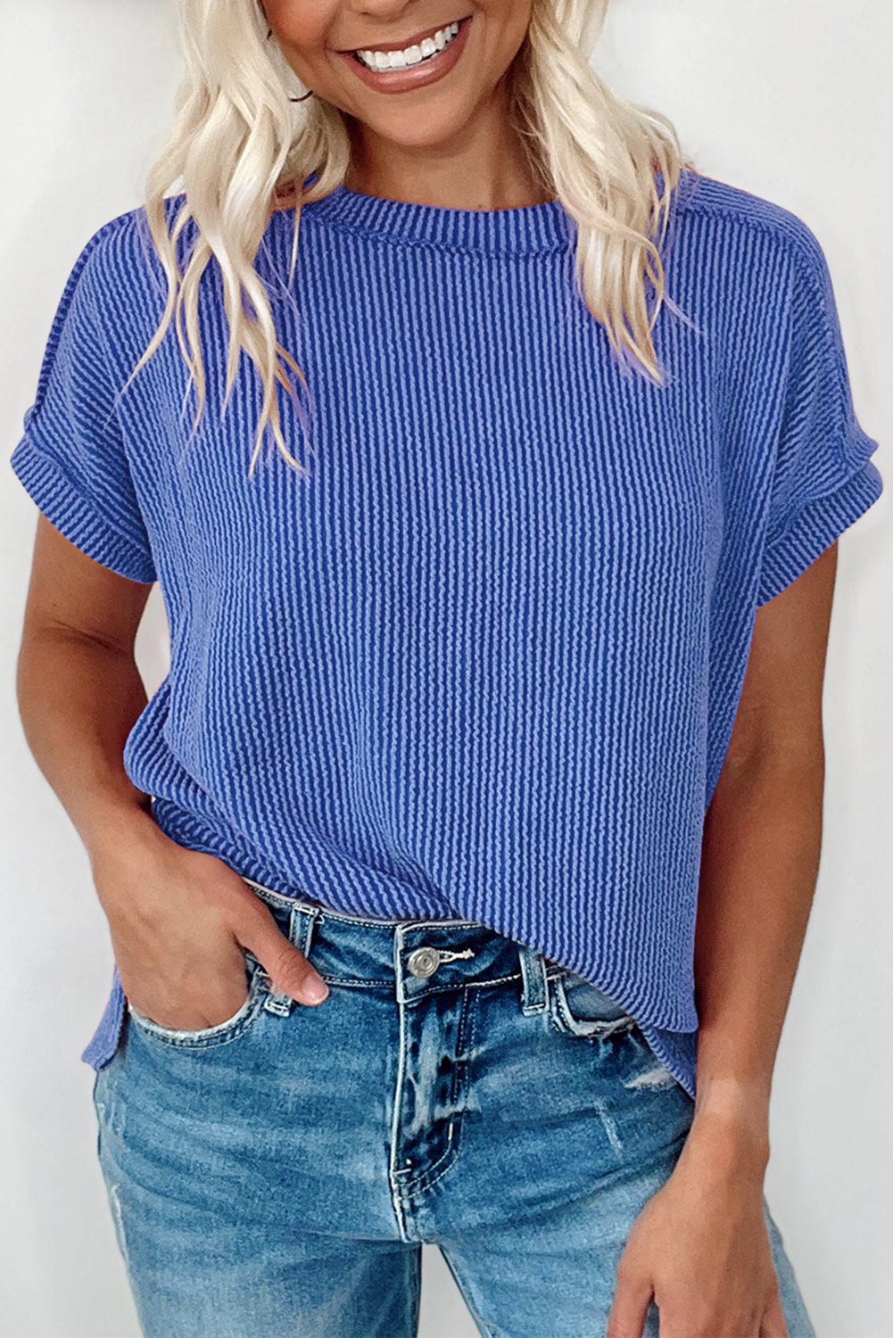 Medium Grey Crinkle Rib Knit Exposed Seam Round Neck T-shirt - MAD RUFFI