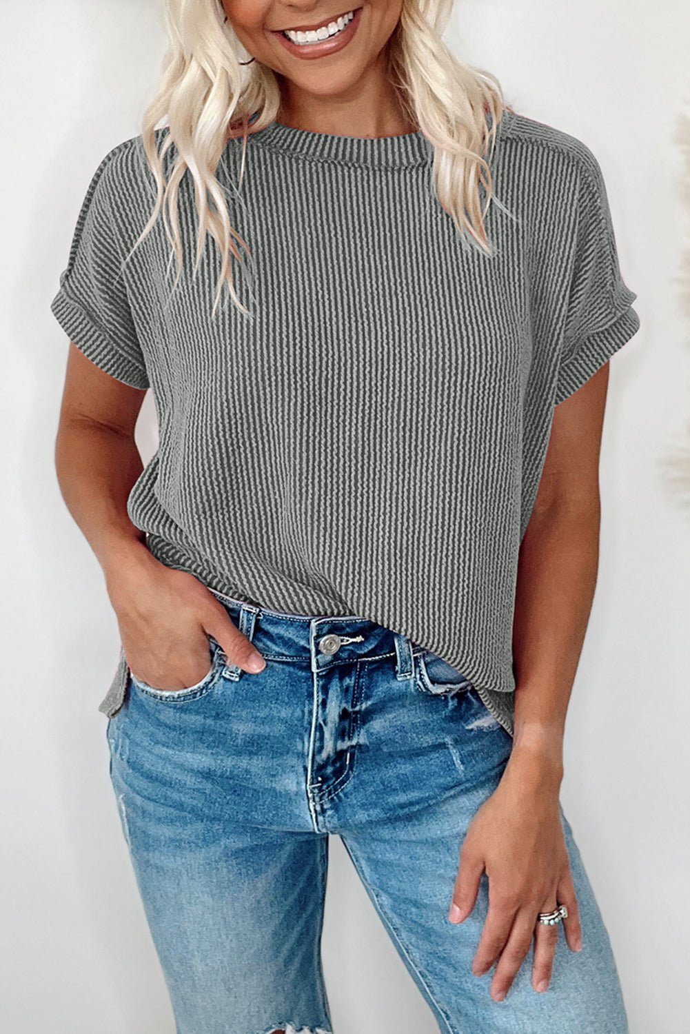 Medium Grey Crinkle Rib Knit Exposed Seam Round Neck T-shirt - MAD RUFFI