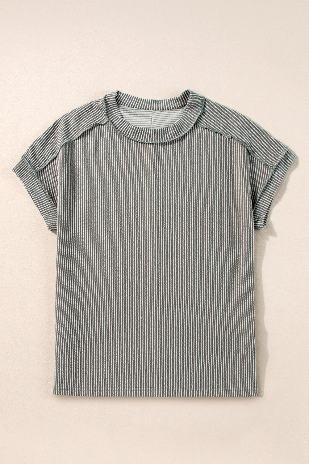 Medium Grey Crinkle Rib Knit Exposed Seam Round Neck T-shirt - MAD RUFFI