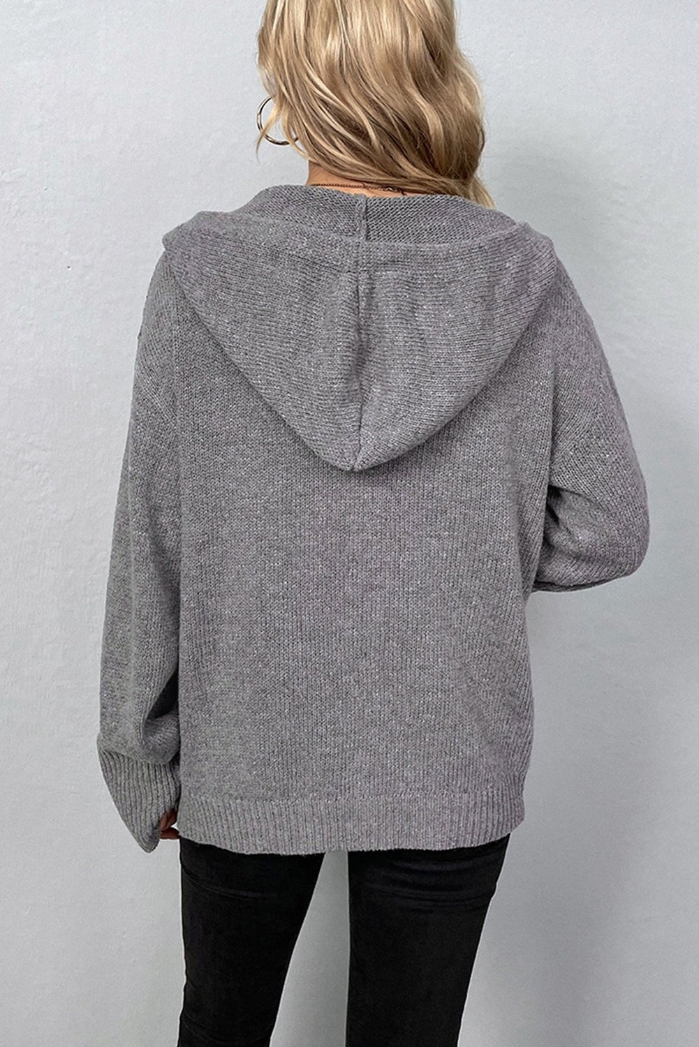 Medium Grey Hooded Button Up Drop Shoulder Sweater Cardigan - MAD RUFFI
