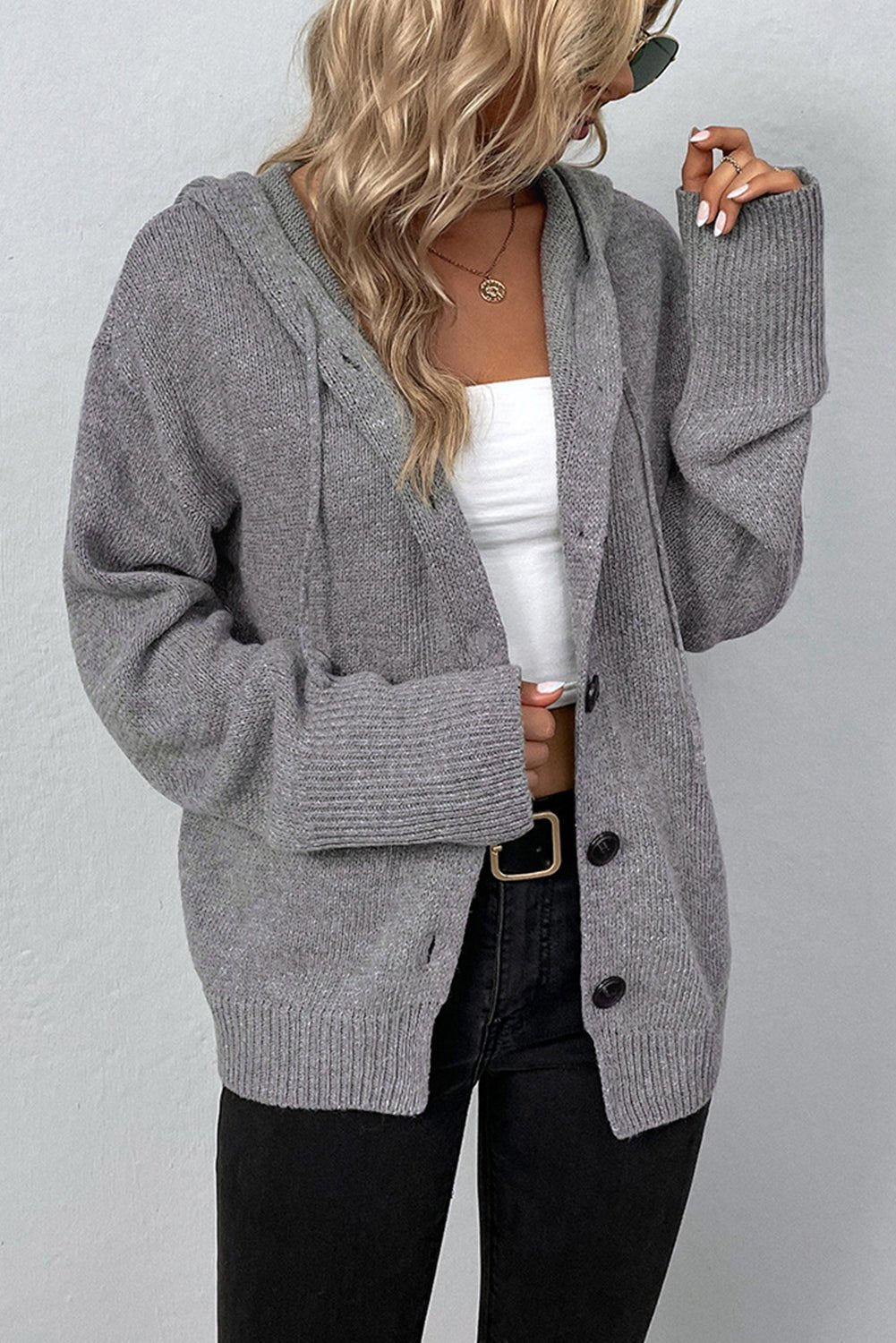 Medium Grey Hooded Button Up Drop Shoulder Sweater Cardigan - MAD RUFFI
